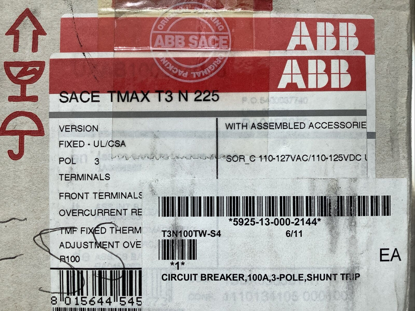 ABB SACE TMAX T3N 225 CIRCUIT BREAKER 100A 3P U3S