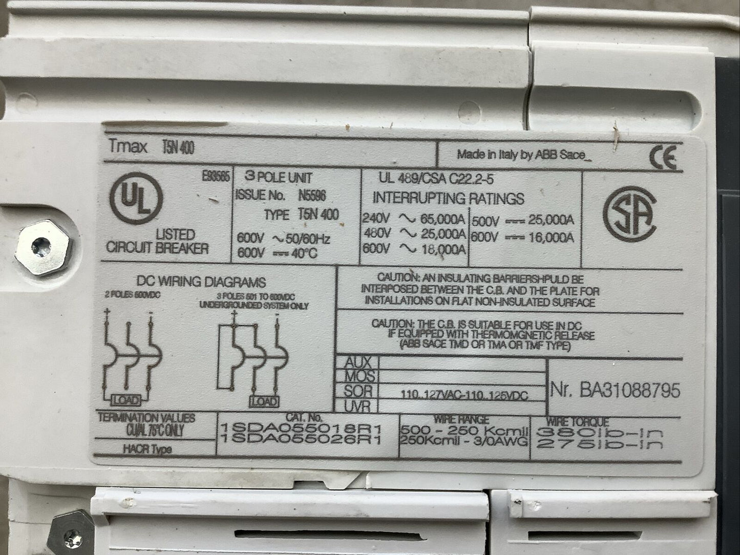 ABB SACE TMAX T5N 400 CIRCUIT BREAKER 300A 3P U3S