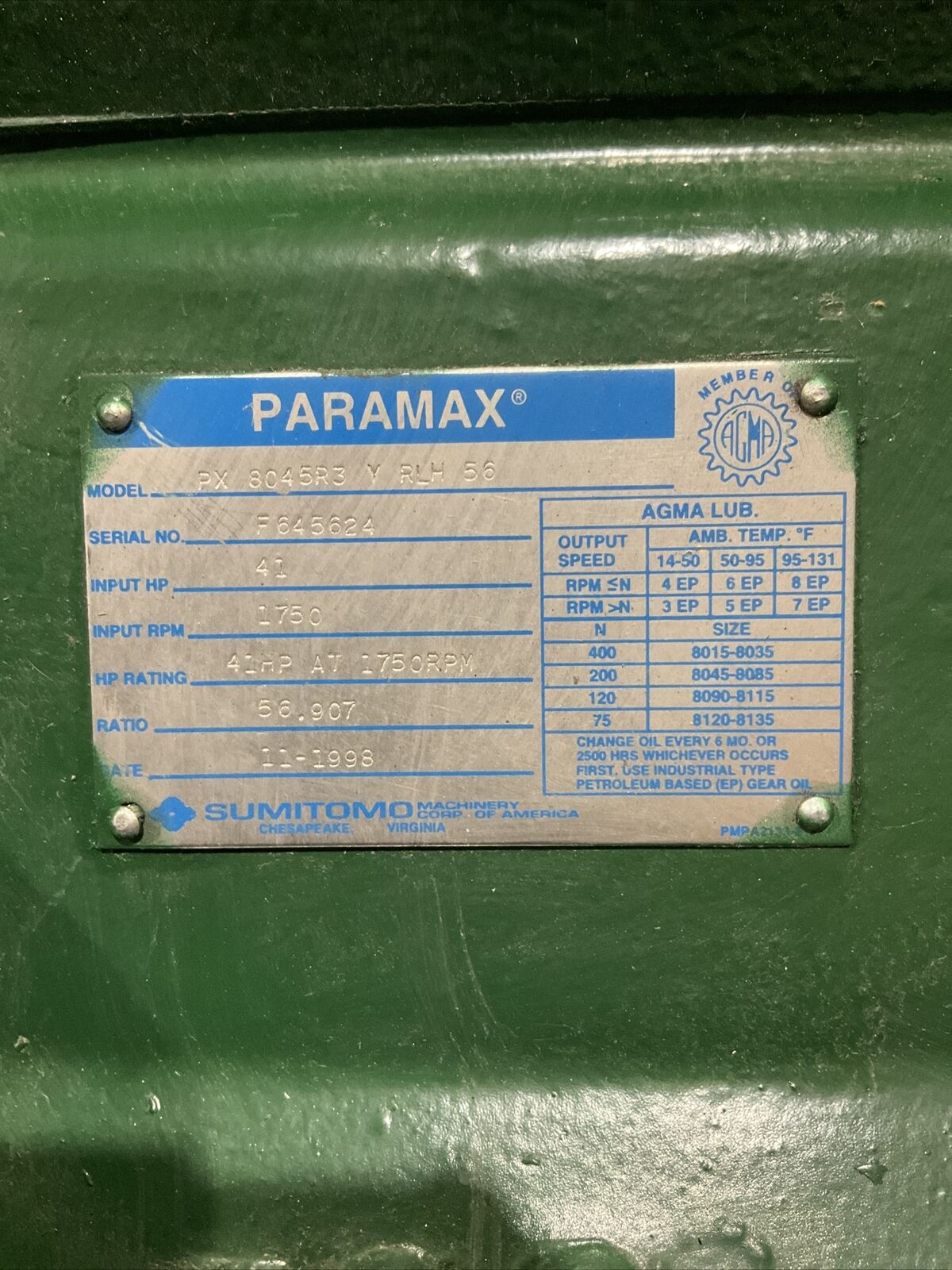 SUMITOMO PARAMAX PX 8045R3 Y RLH 56 41HP 1750RPM 56.907 373