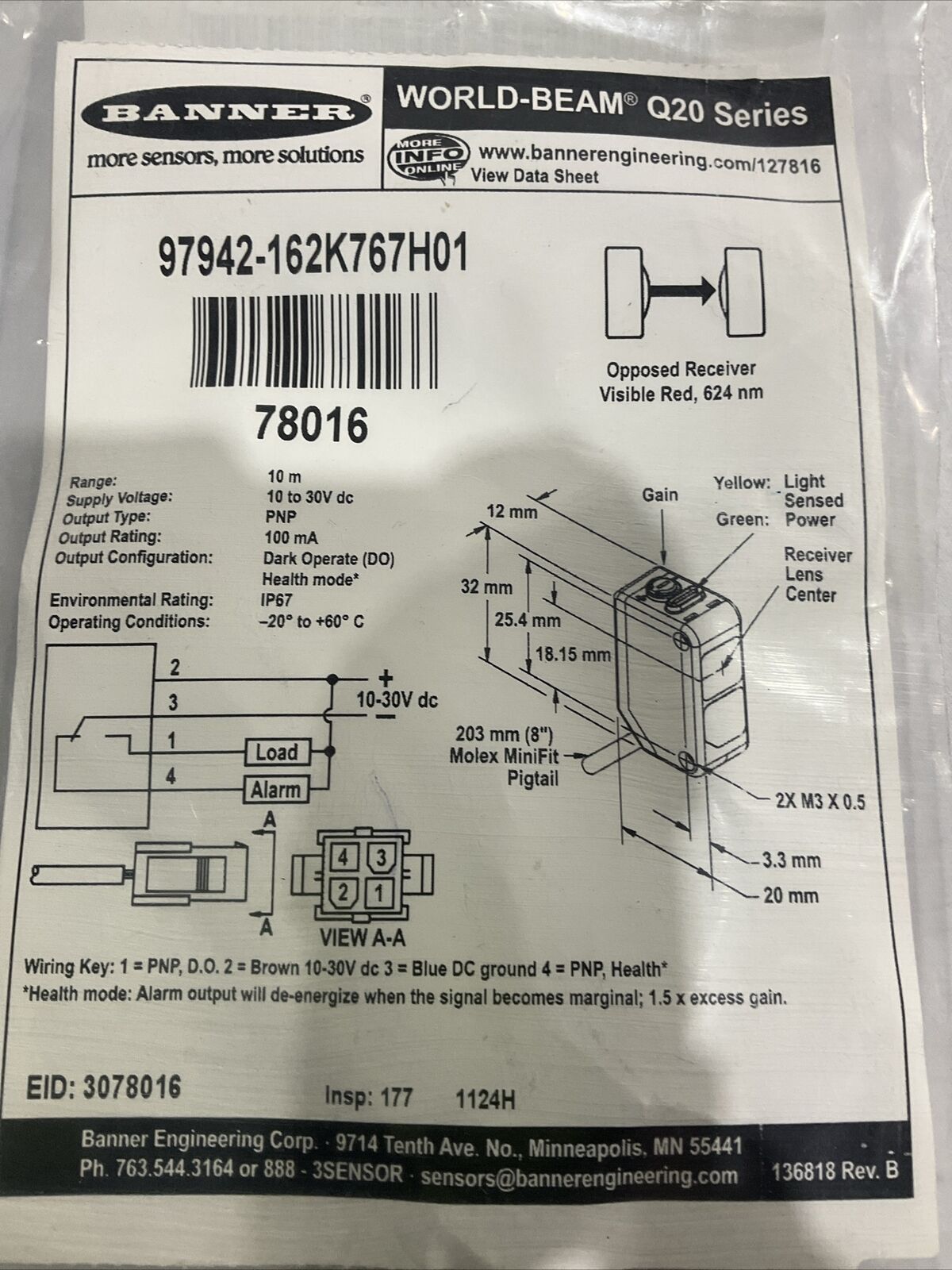 BANNER Q20PR-78016 PHOTOELECTRIC SENSOR PNP 4-PIN Q20 SERIES U3S