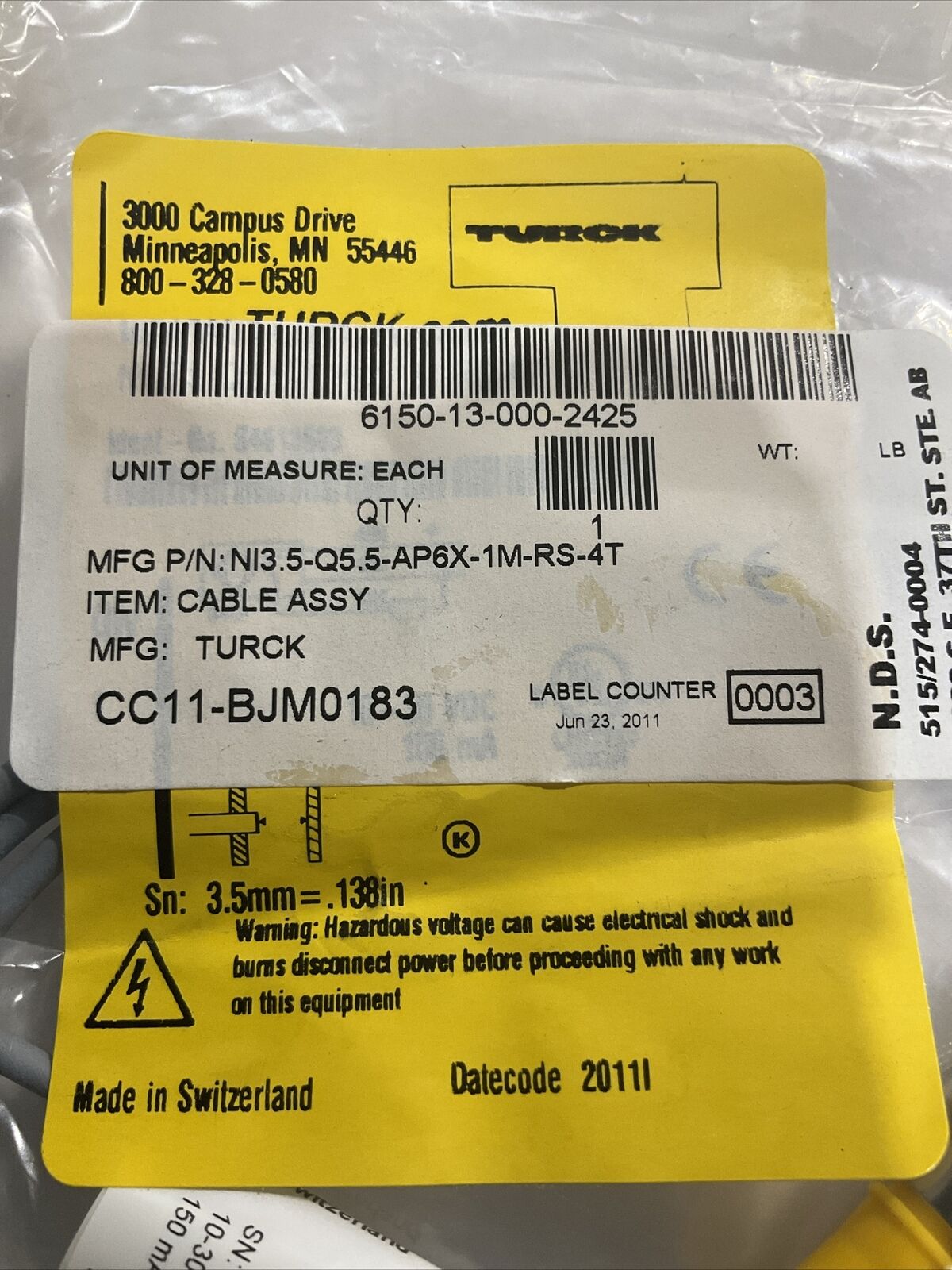 TURCK NI 3.5-Q5.5-AP6X-1M-RS 4T INDUCTIVE SENSOR SWITCH 10-30 VDC 15MA U3S