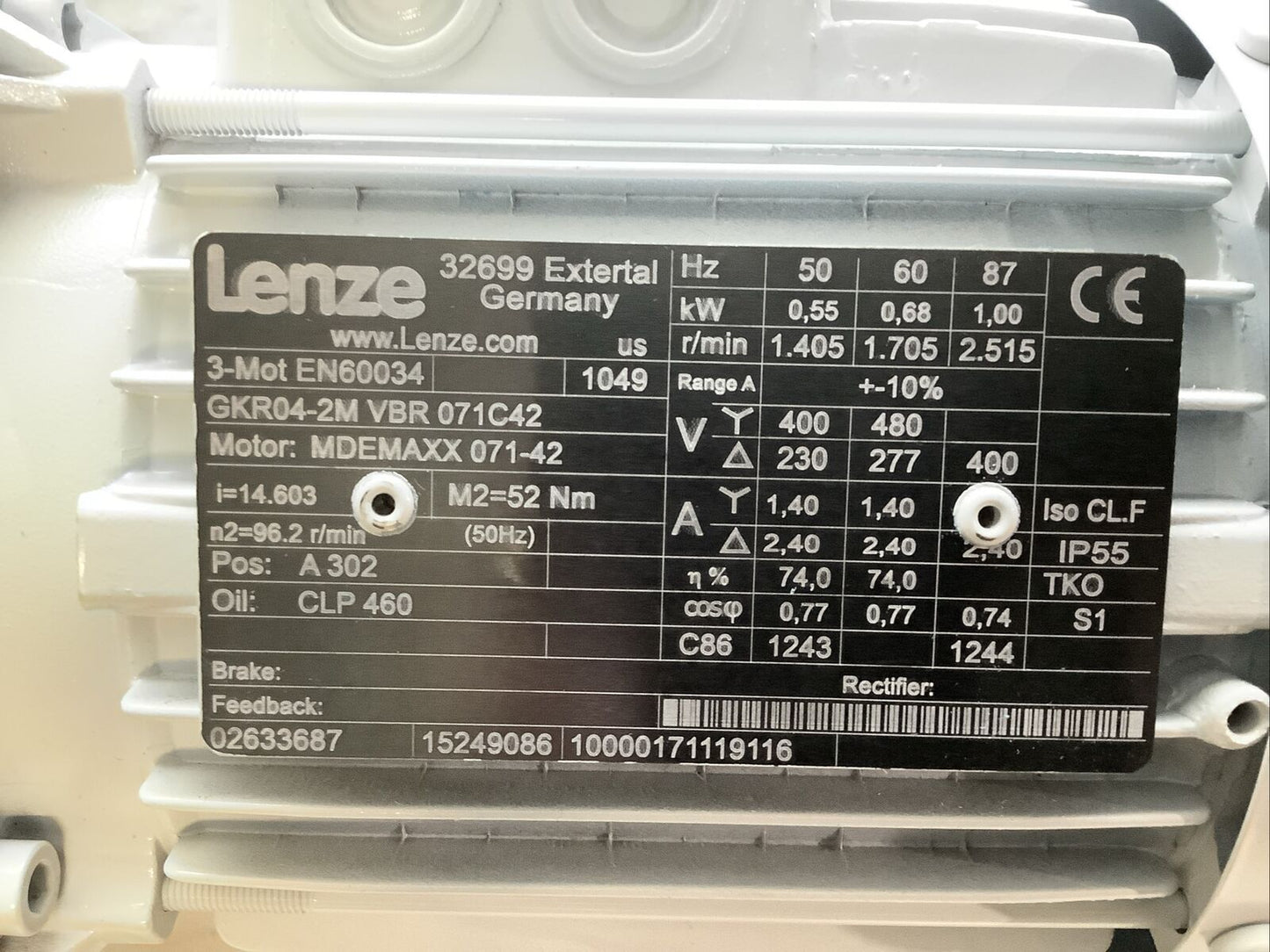 LENZE GKR04-2M VBR 071C42 MDEMAXX 071-42 GEARBOX MOTOR 0.55KW U3S