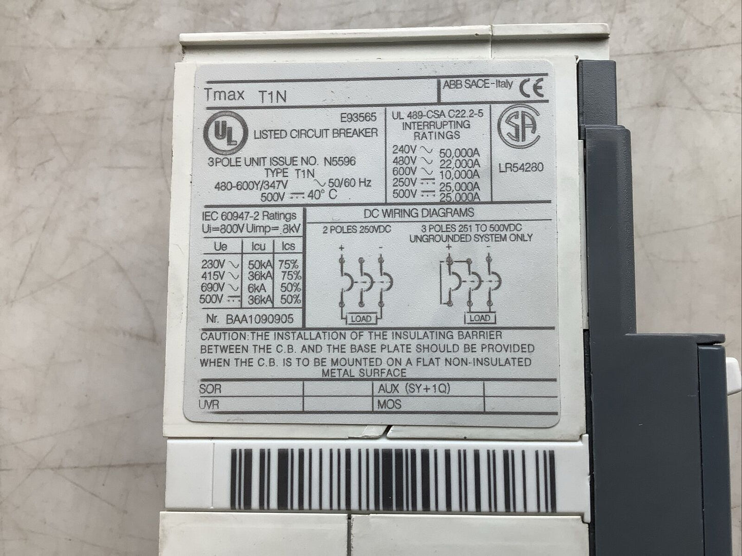 ABB SACE TMAX T1N CIRCUIT BREAKER 40A 3P U3S