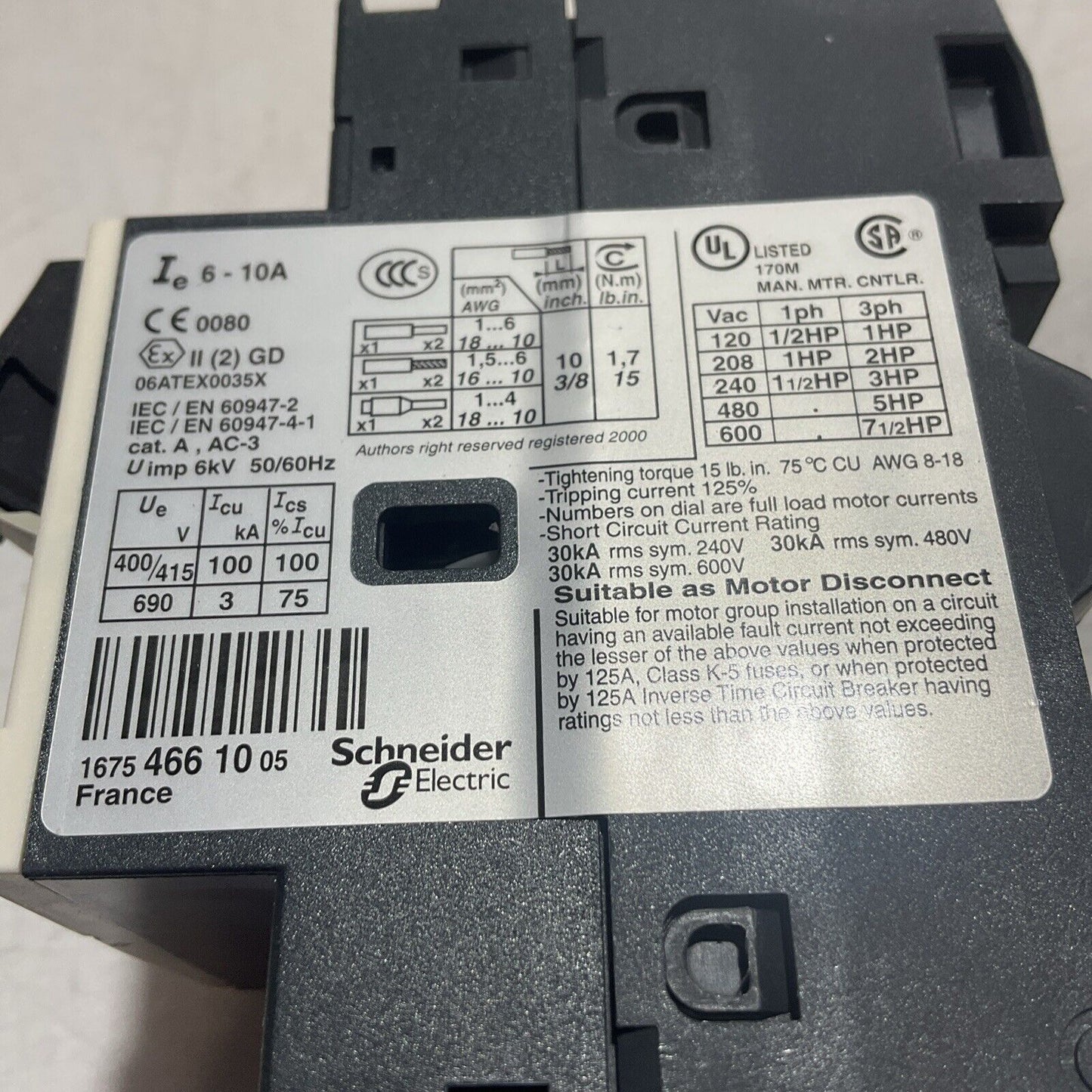 TELEMECANIQUE  GV2ME14 6-10a MOTOR  CIRCUIT BREAKER  U3S