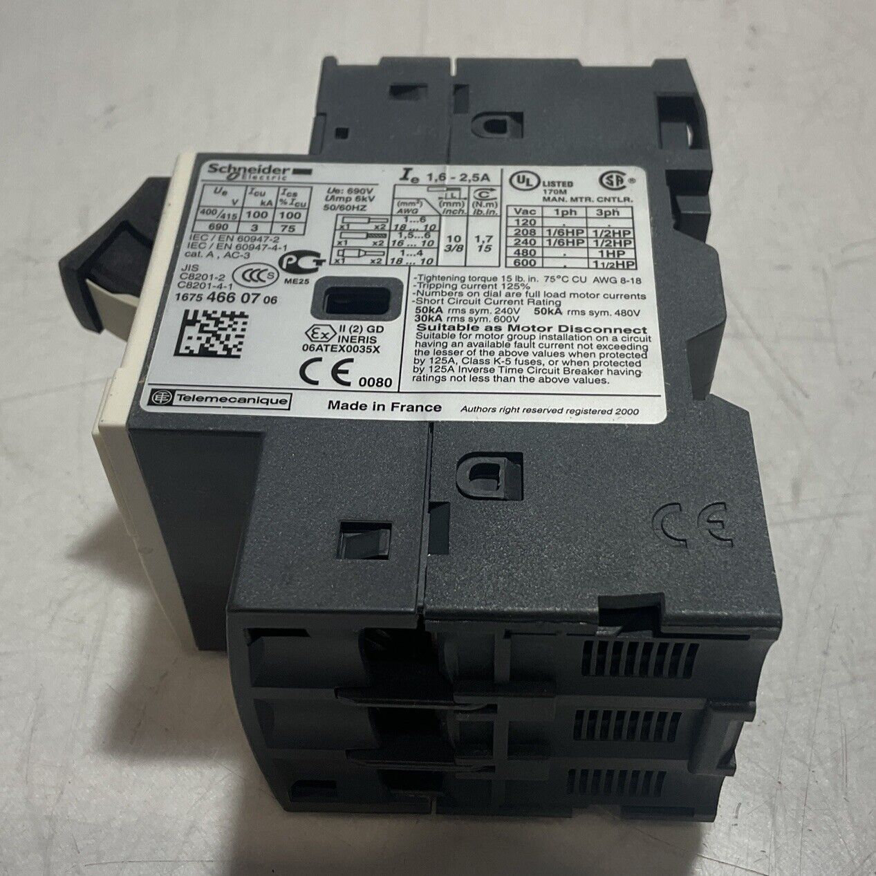 SCHNEIDER ELECTRIC GV2ME07 MOTOR CIRCUIT BREAKER 1.6-2.5A U3S