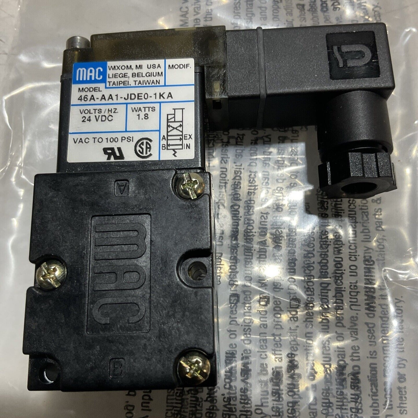 MAC 46A-AA1-JDE0-1KA PNEUMATIC SOLENOID VALVE 24 VDC 1.8 W U3S