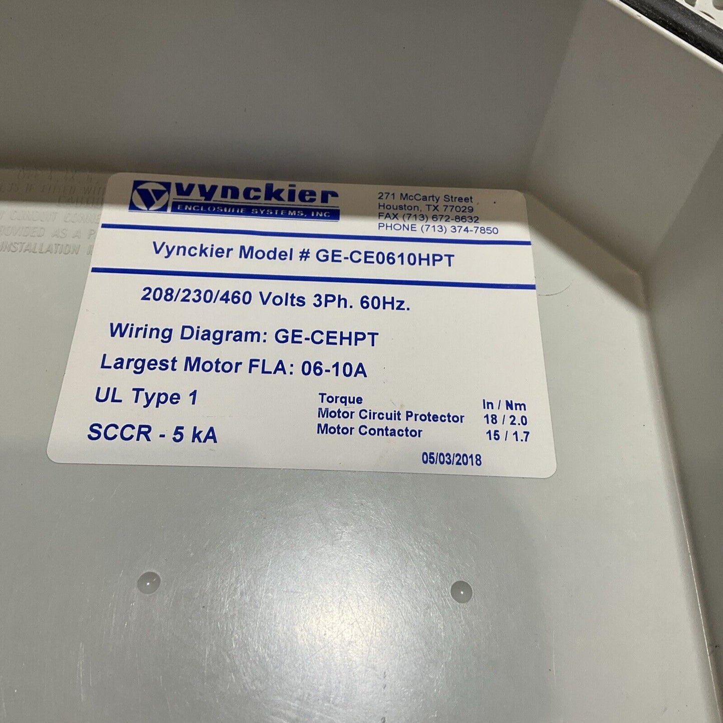 VYNCKIER GE-CE0610HPT ENCLOSED INDUSTRIAL CONTROL PANEL 460V 3P 60HZ U3S