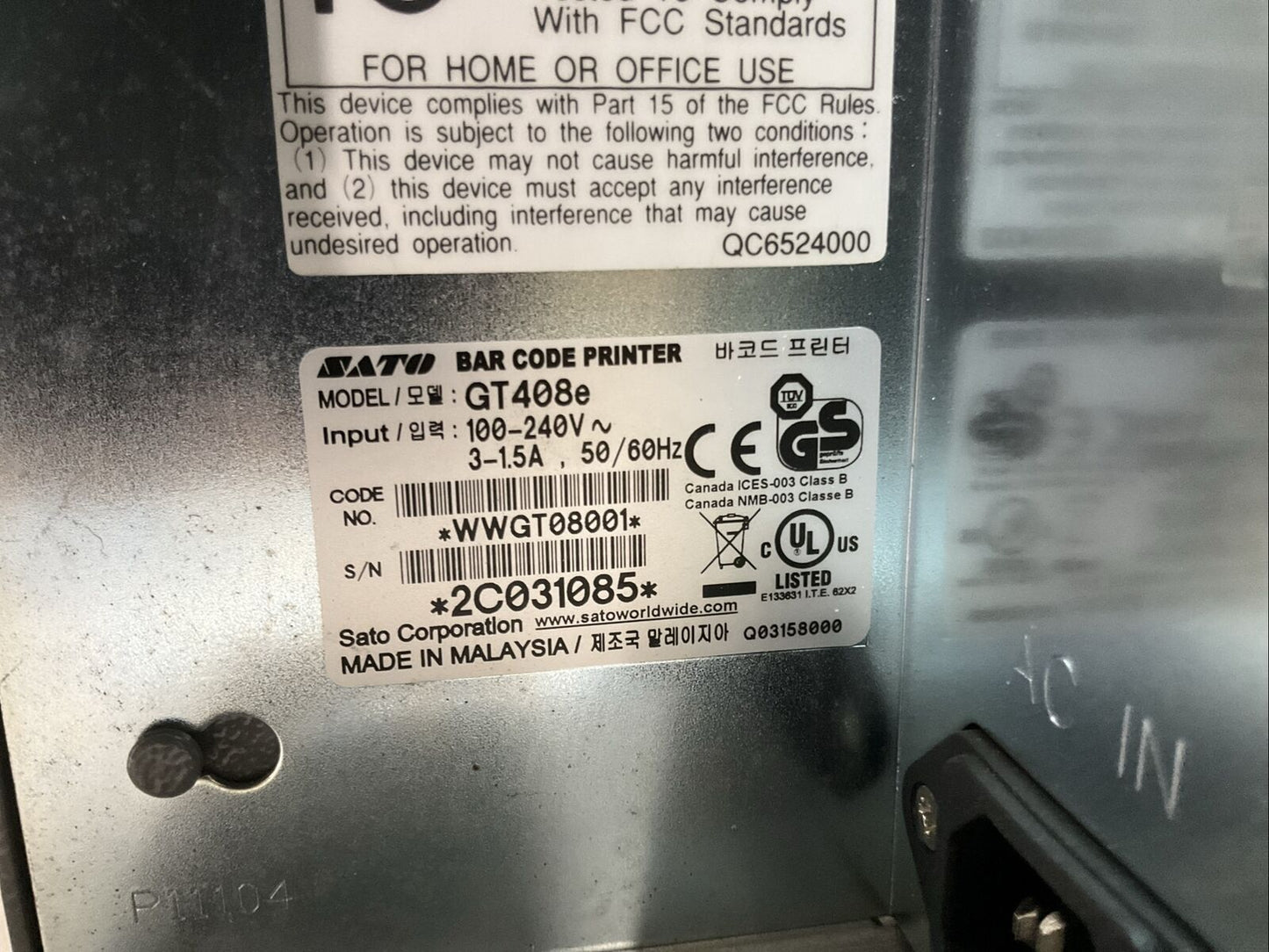 SATO GT408E BAR CODE PRINTER 240V 1.5A 50/60 HZ U3S