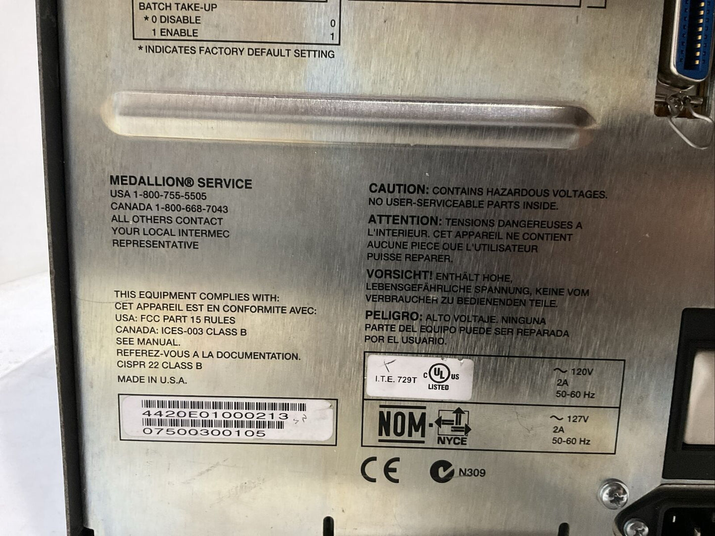 INTERMEC TECHNOLOGIES CO. 4420 EASY CODER PRINTER 120V 2A 50-60HZ U3S
