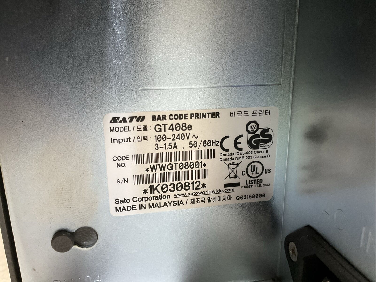 SATO GT408E BAR CODE PRINTER 240V 1.5A 50/60 HZ U3S