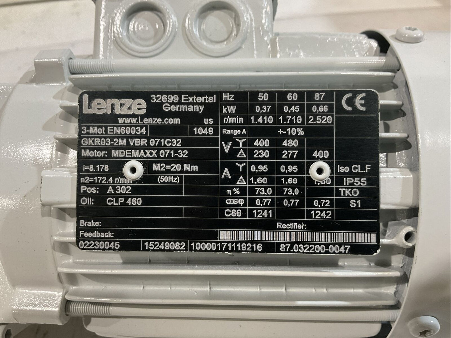 LENZE 3-MOT EN60034 GKR03-2M VBR 071C32 MDEMAXX 071-32 GEAR MOTOR 50/60 HZ U3S