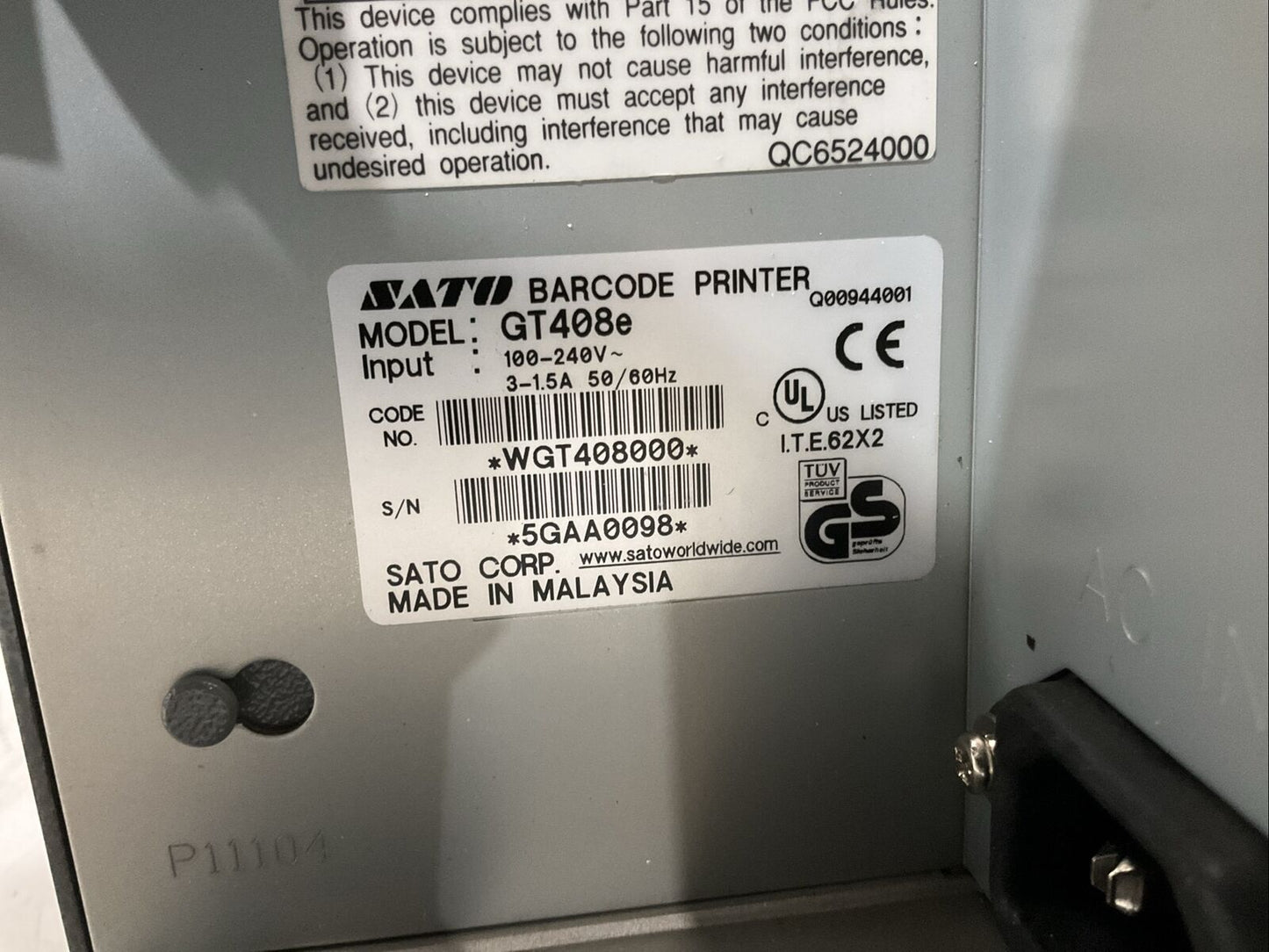 SATO GT408E BAR CODE PRINTER 240V 1.5 A 50/60 HZ U3S