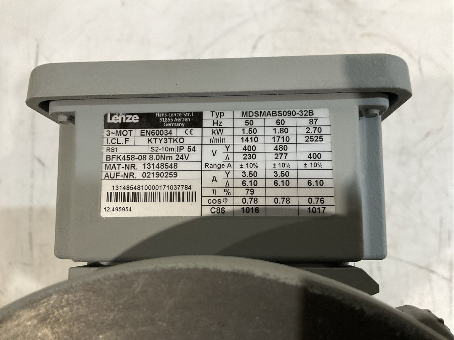 LENZE EN60034 KTY3TKO BFK458-08 MDSMABS090-32B GEAR MOTOR 2525RPM 2.7KW 87HZ U3S