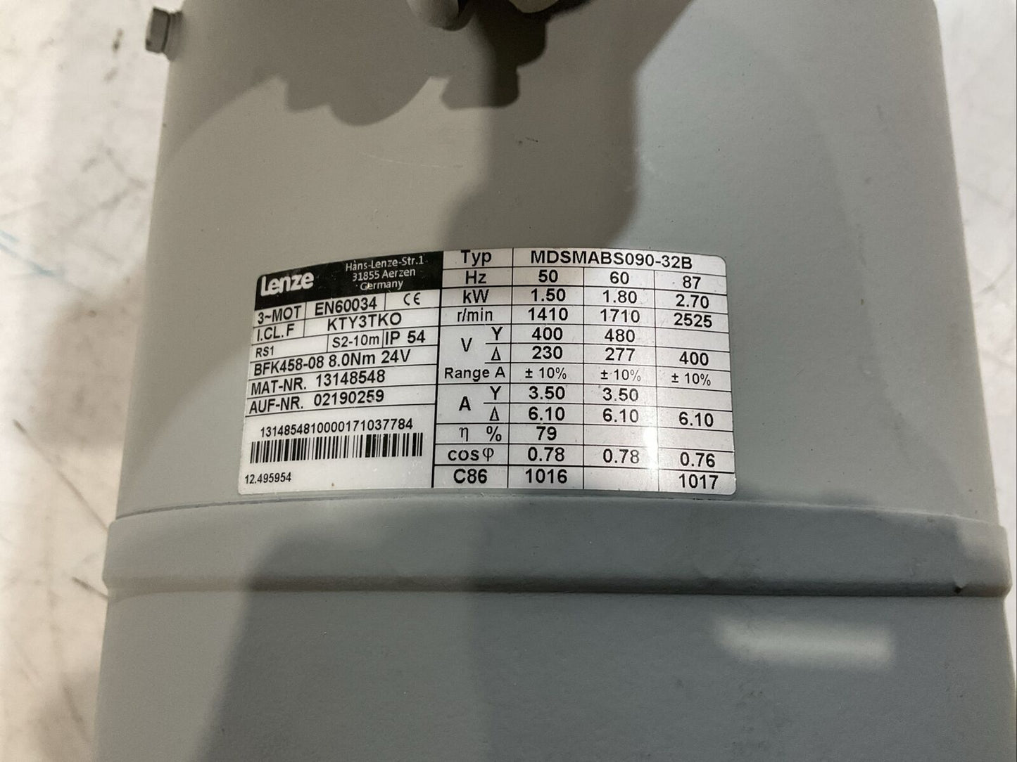 LENZE EN60034 KTY3TKO BFK458-08 MDSMABS090-32B GEAR MOTOR 2525RPM 2.7KW 87HZ U3S