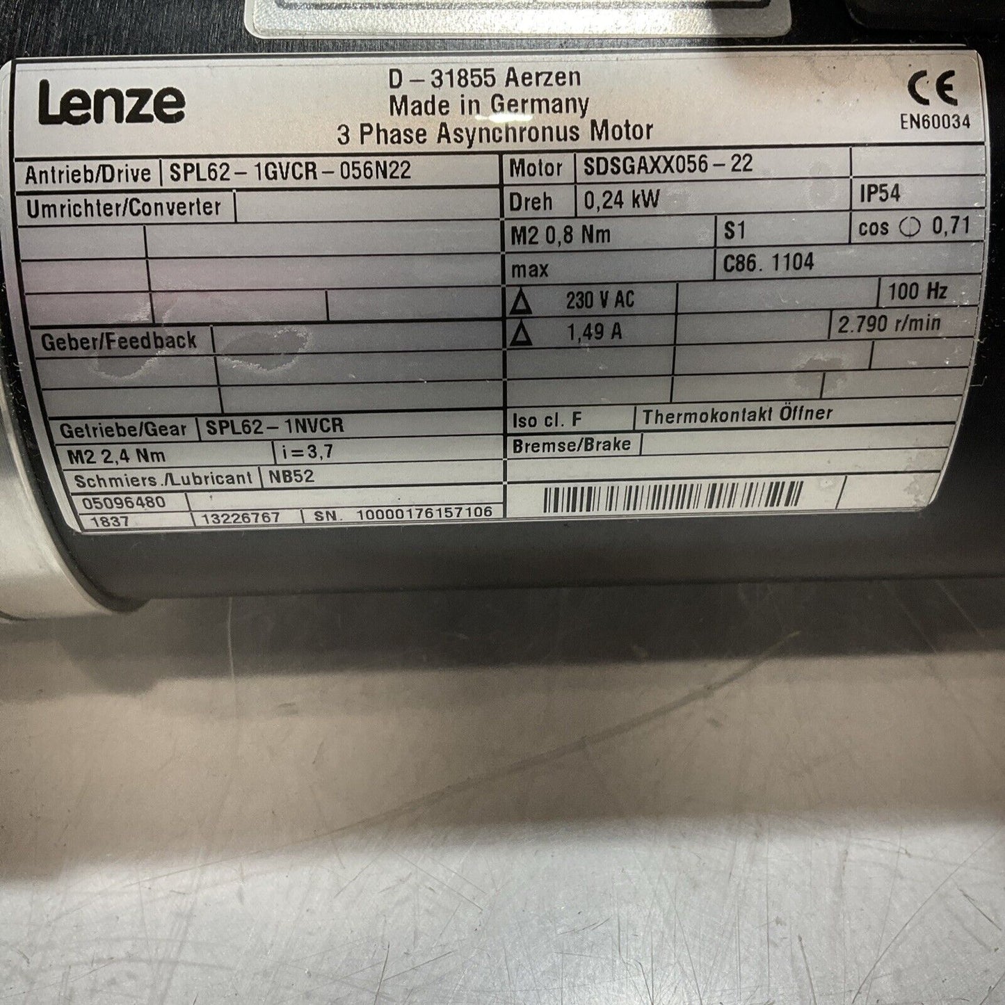 LENZE SDSGAXX056-22 PLANETARY GEARED SERVO MOTOR U3S