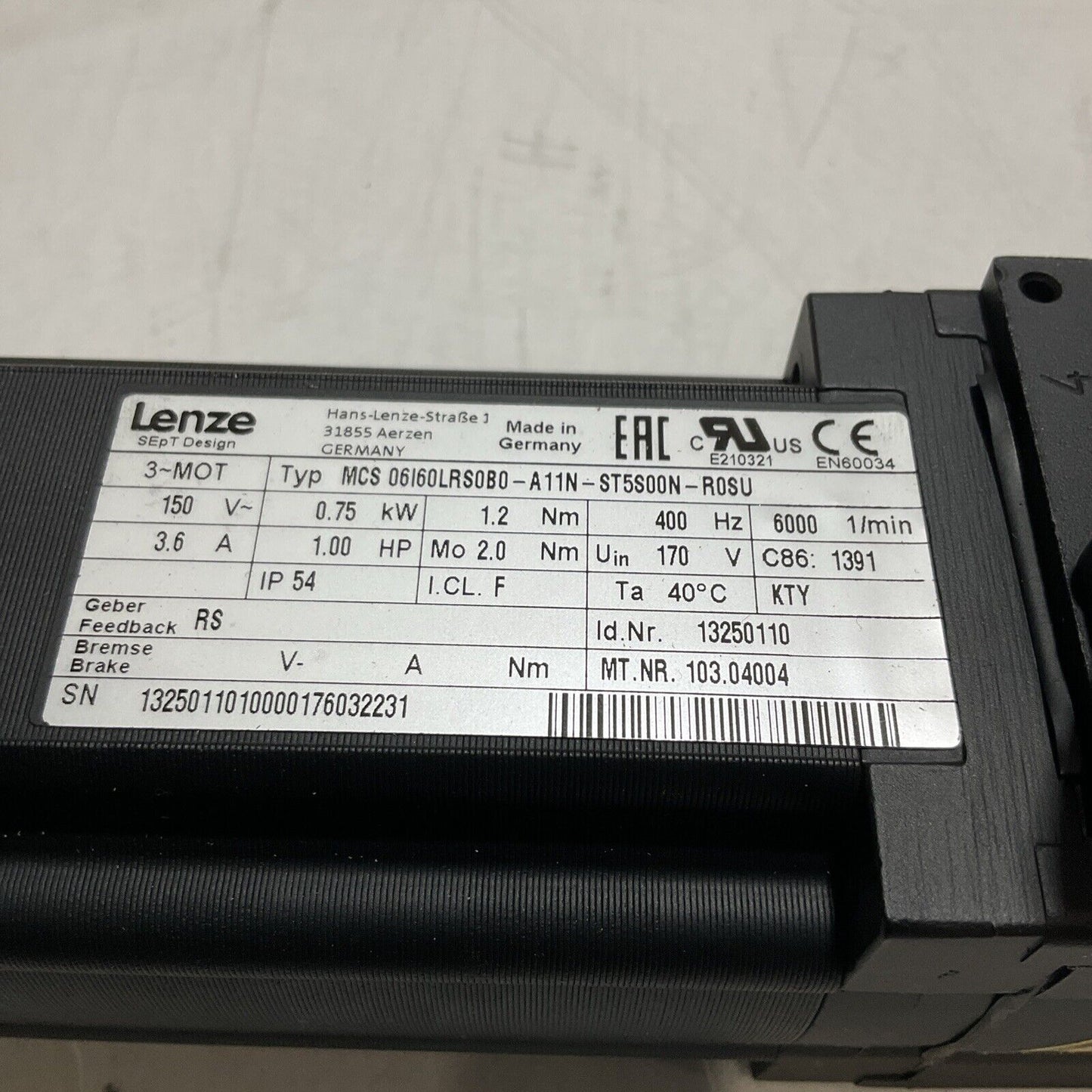 LENZE MCS 06160LRS0B0-A11N-ST5S00N-R0SU SERVO MOTOR 150/170V 1.00 HP 400HZ U3S