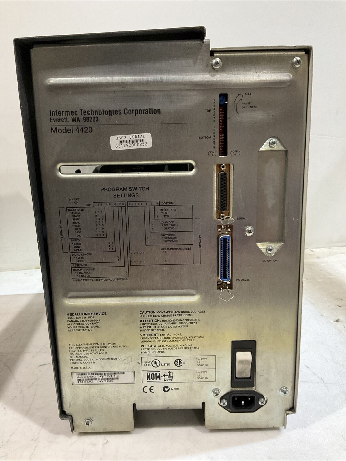 INTERMEC TECHNOLOGIES CO. 4420 EASY CODER PRINTER 120V 2A 50-60HZ U3S