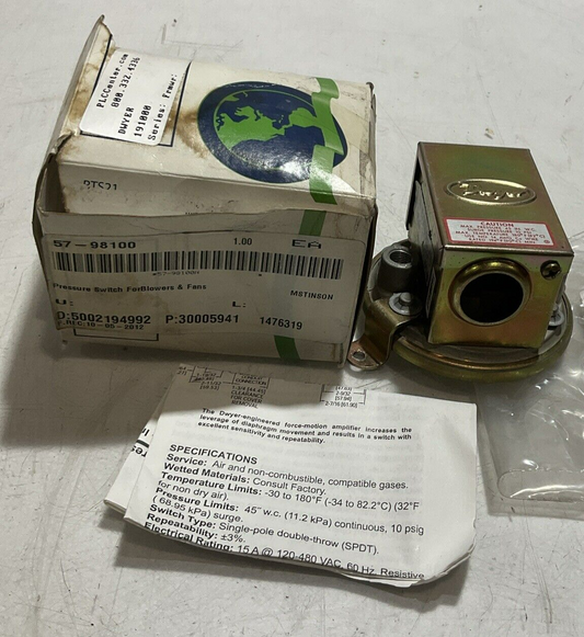 DWYER 1910-00 30005941 PRESSURE SWITCH SERIES 1900 480 VAC 15A U3S