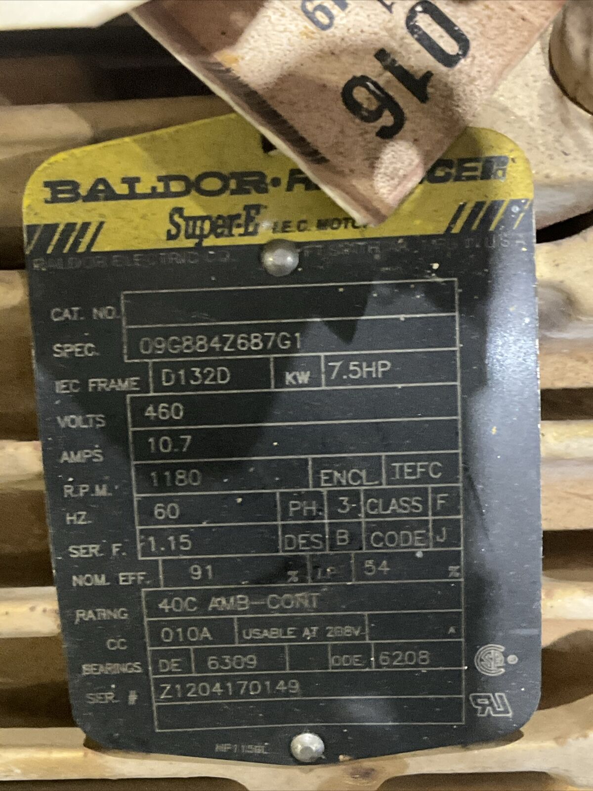 BALDOR RELIANCE SUPER E 09G884Z6B7G1 D132D MOTOR 7.5HP 460V 10.7A 1180RPM 60HZ