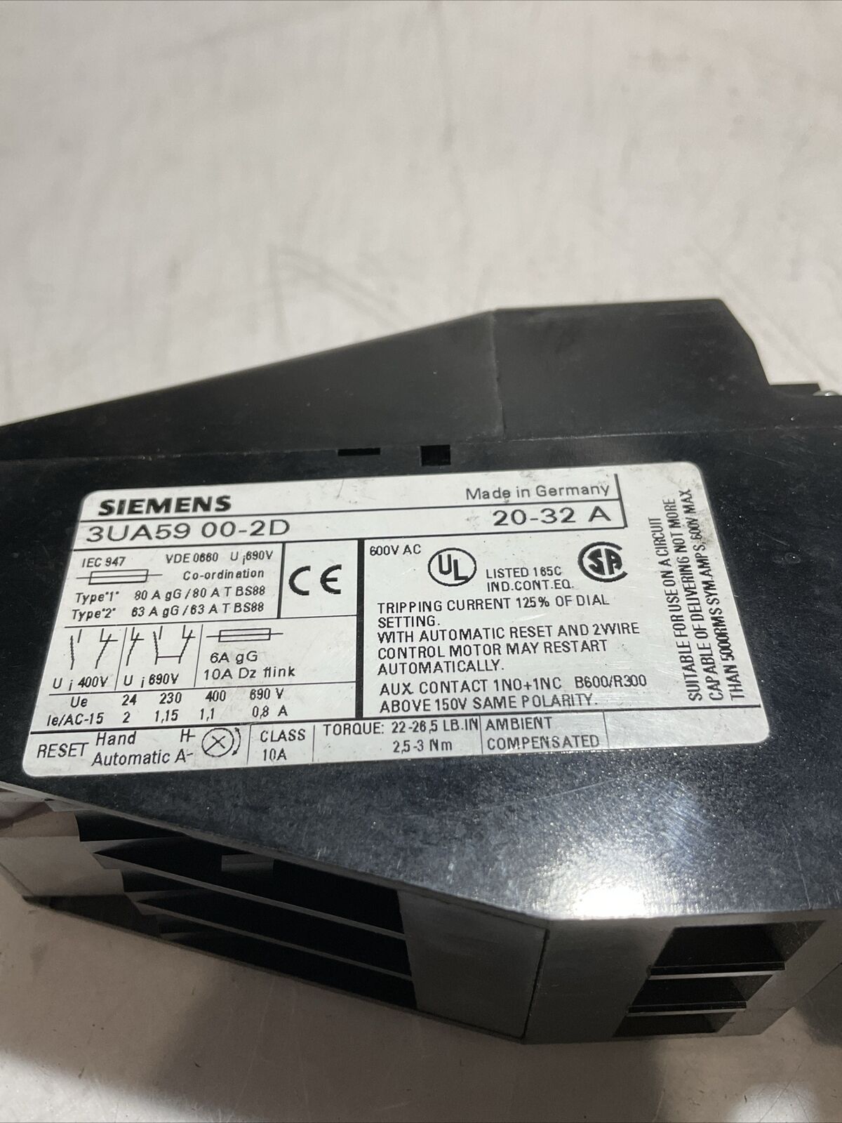 SIEMENS 3UA59 00-2D OVERLOAD RELAY 600VAC N3M