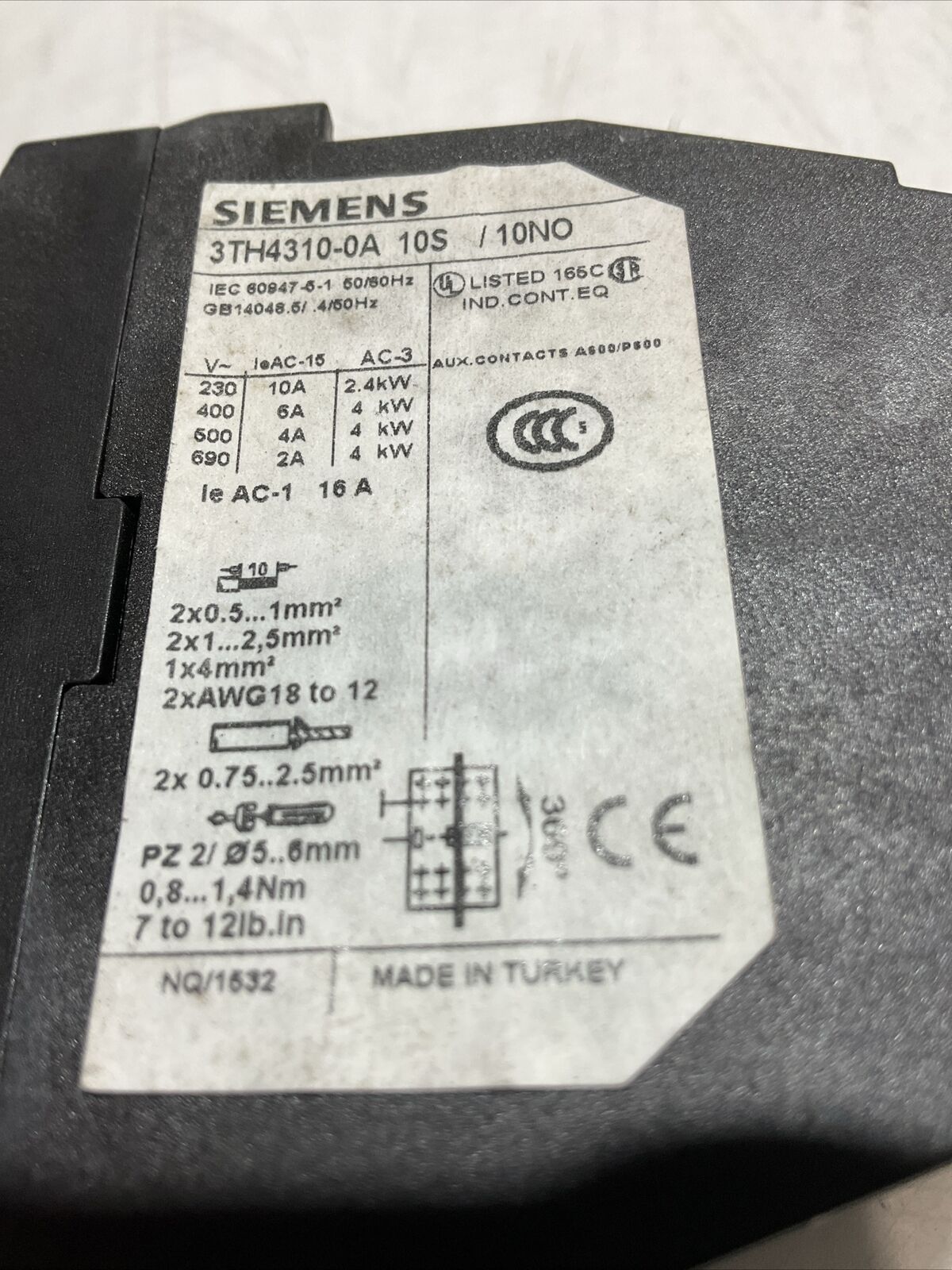 SIEMENS 3TH4310-0A10S CONTACTOR RELAY 230V 10 A 50-60 HZ N3M