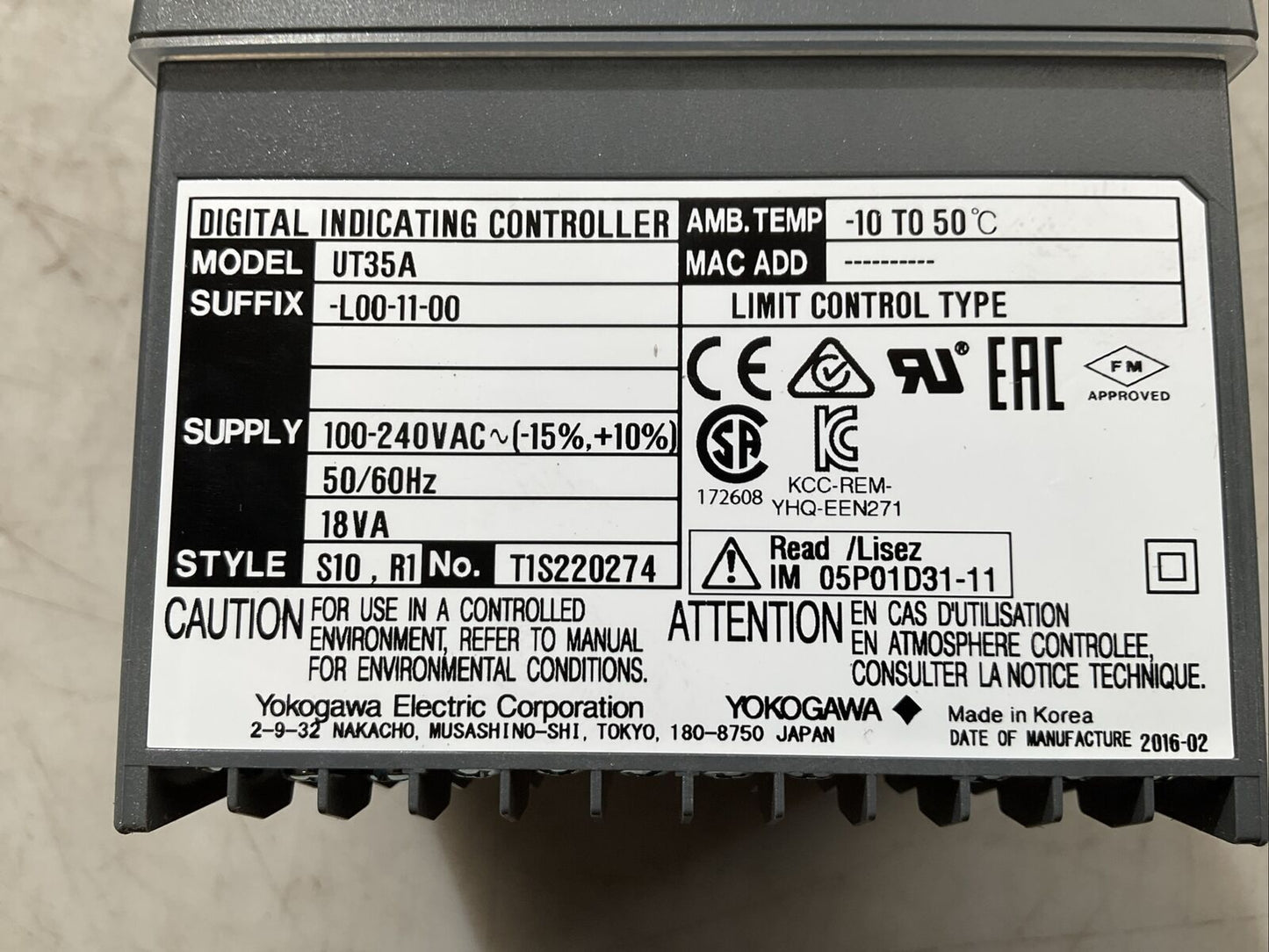 YOKOGAWA UT35A-L00-11-00 DIGITAL INDICATING TEMPERATURE CONTROLLER N3M