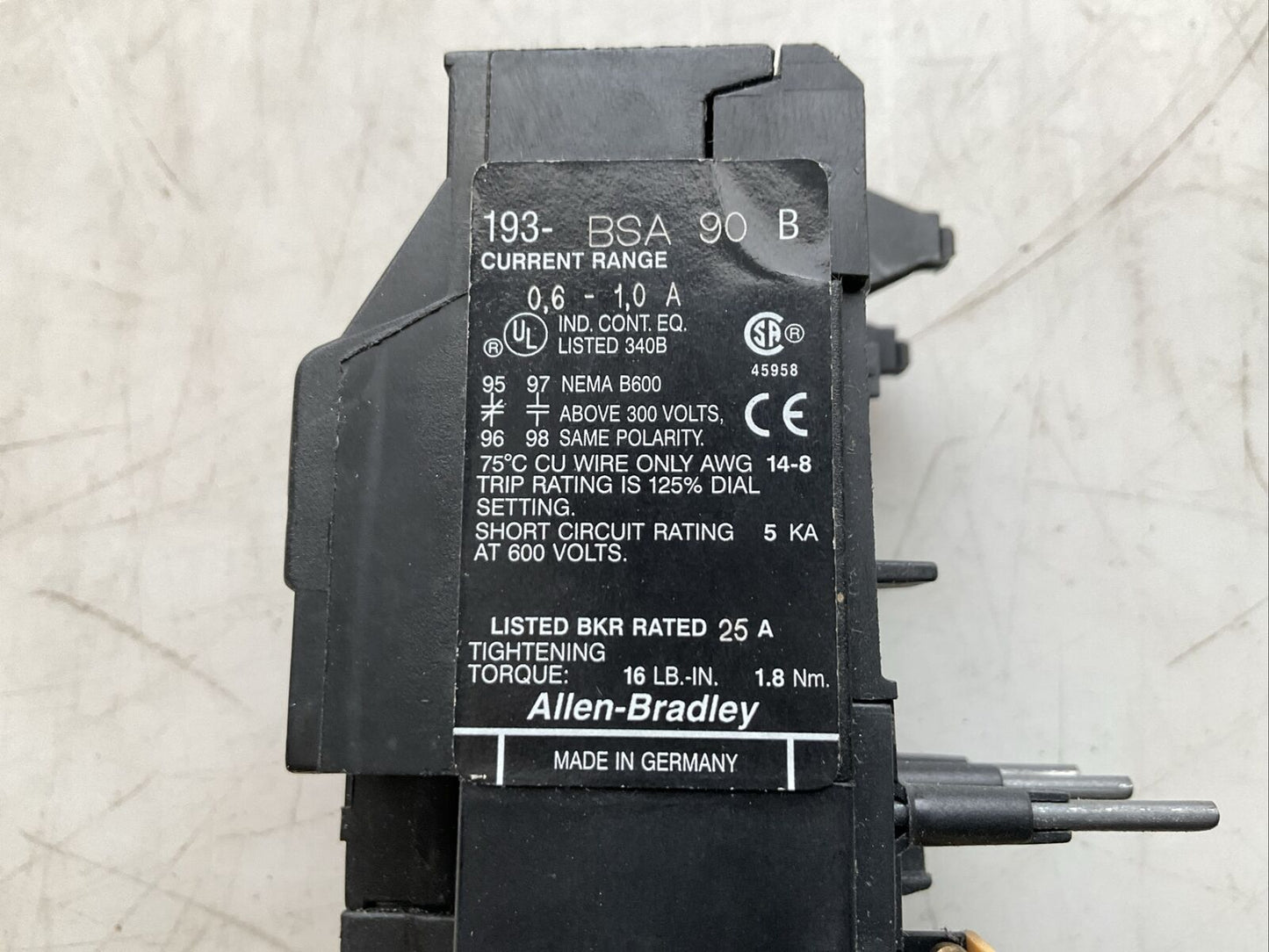 ALLEN BRADLEY 193-BSA90 SERIES B OVERLOAD RELAY 660V 0.5A N3M