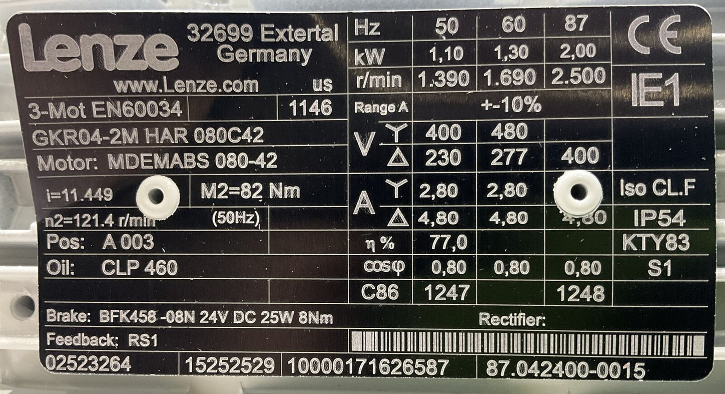 LENZE GKR04-2M HAR 080C42 3-MOT EN60034 MDEMABS 080-42 GEARBOX MOTOR U3S
