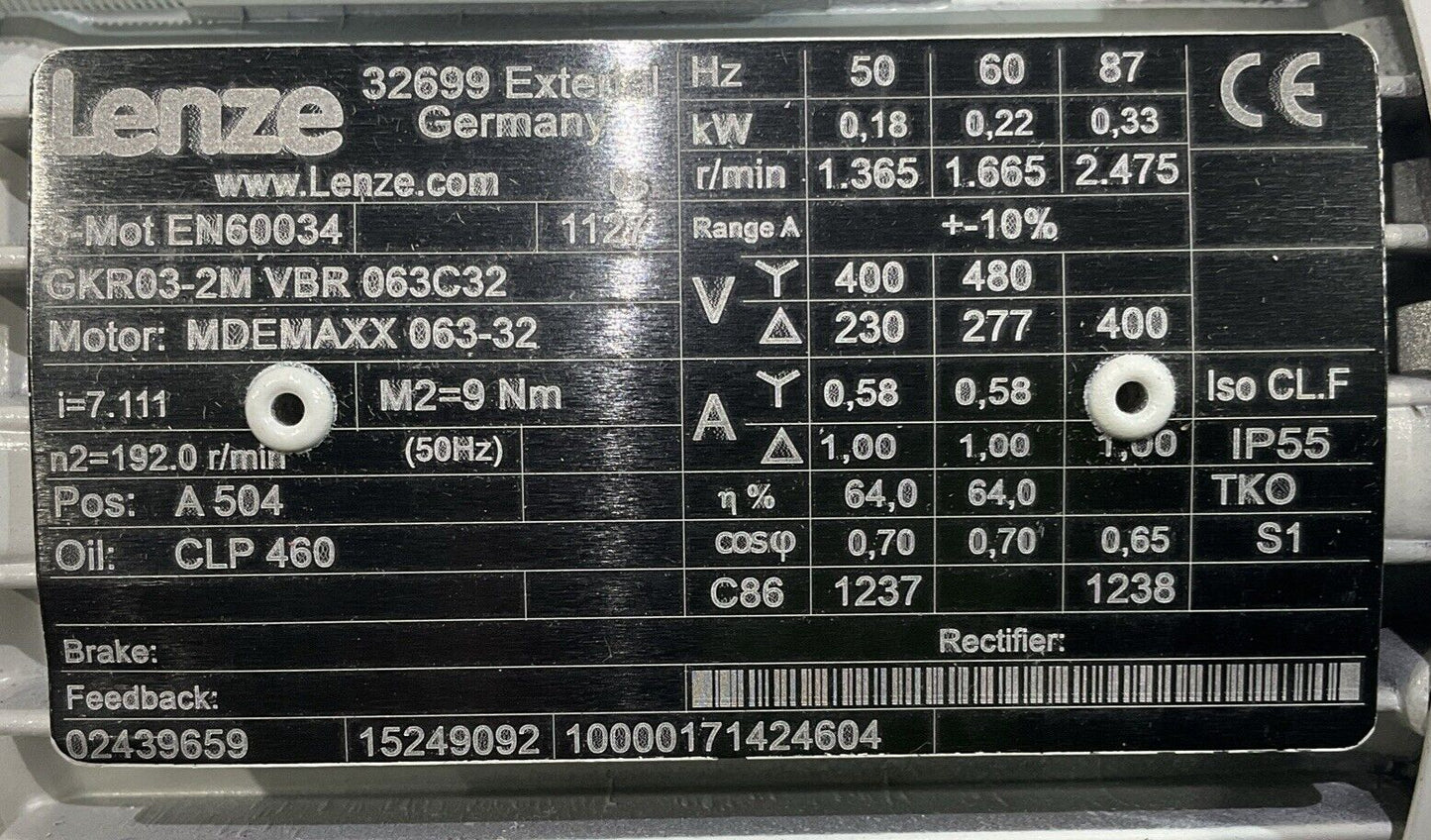 LENZE GKR03-2M VBR 063C32 MDEMAXX 063-32 50HZ 3-MOT EN60034 GEARBOX MOTOR U3S