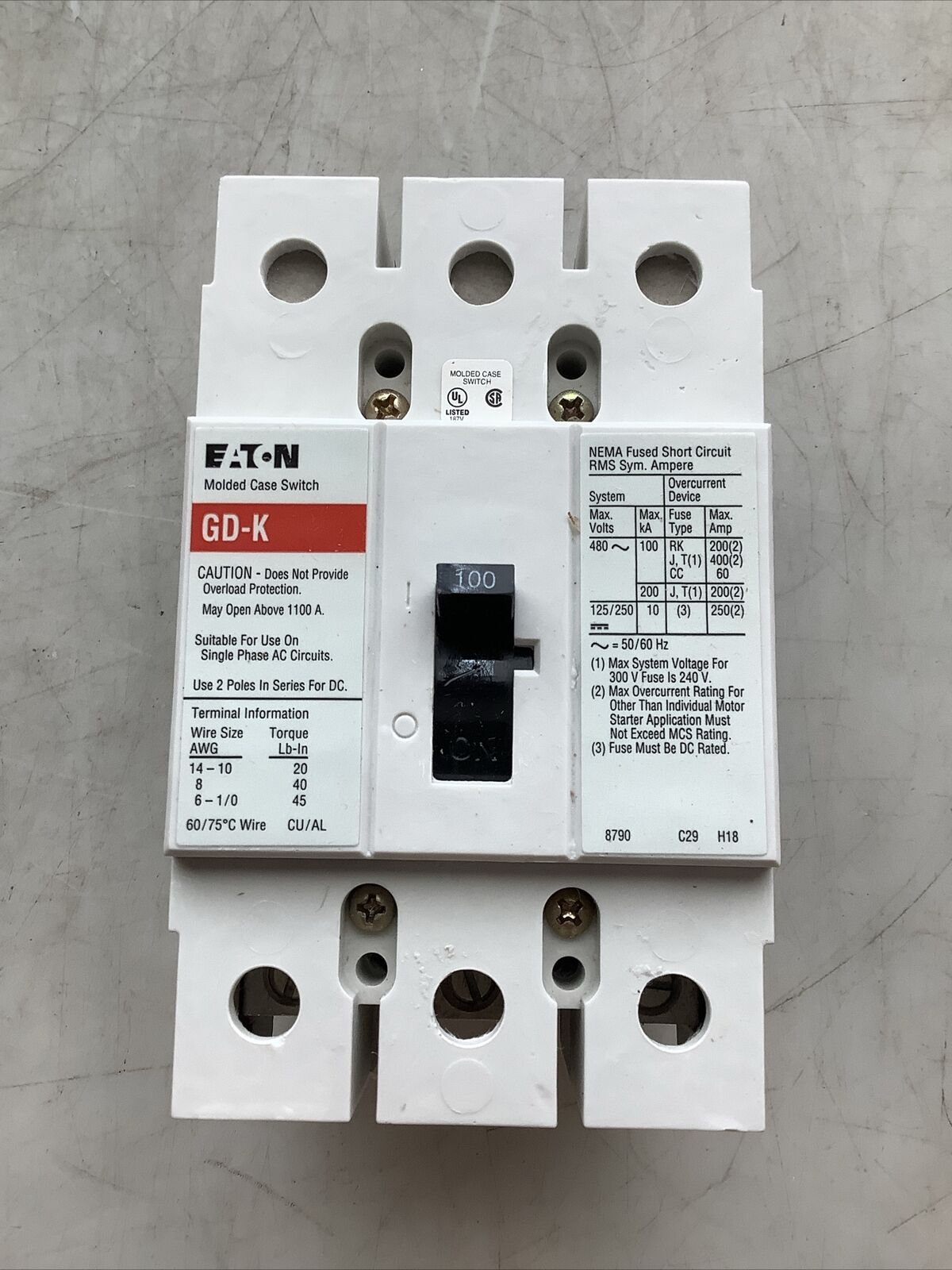 EATON GD3100K 100A MOLDED CASE SWITCH CIRCUIT BREAKER 3 POLE U3S