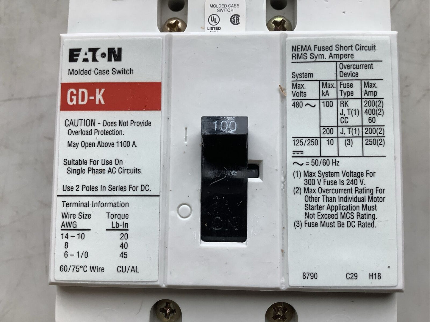 EATON GD3100K 100A MOLDED CASE SWITCH CIRCUIT BREAKER 3 POLE U3S