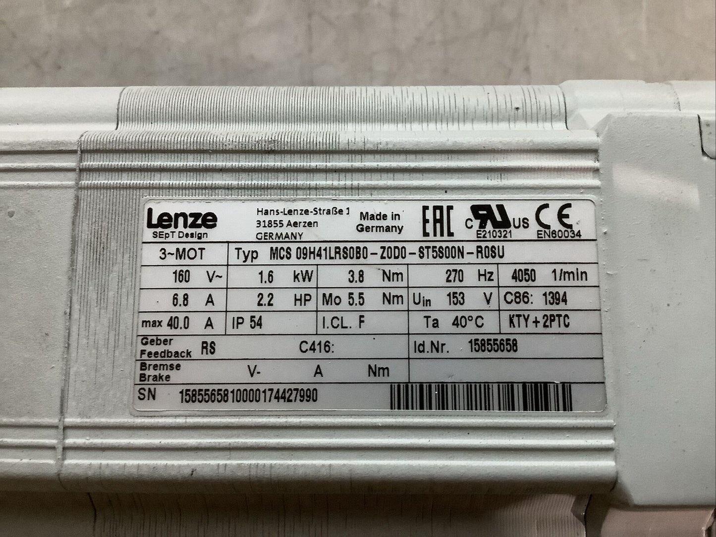 LENZE GST05-2S VBR 09HC41 MCS 09H41LRS0B0-Z0D0-ST5S00N-R0SU SERVO MOTOR U3S