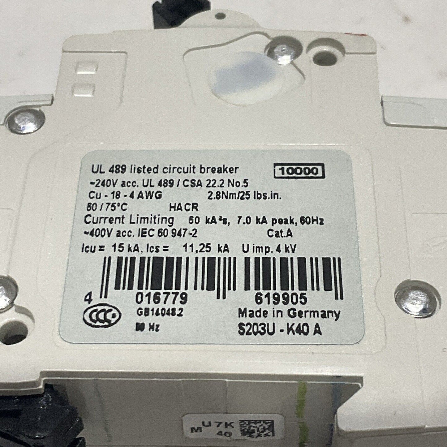 ABB S 203 U K 40 A S203U-K40A MINI CIRCUIT BREAKER 50/60 HZ 240V 40A 3 P U3S