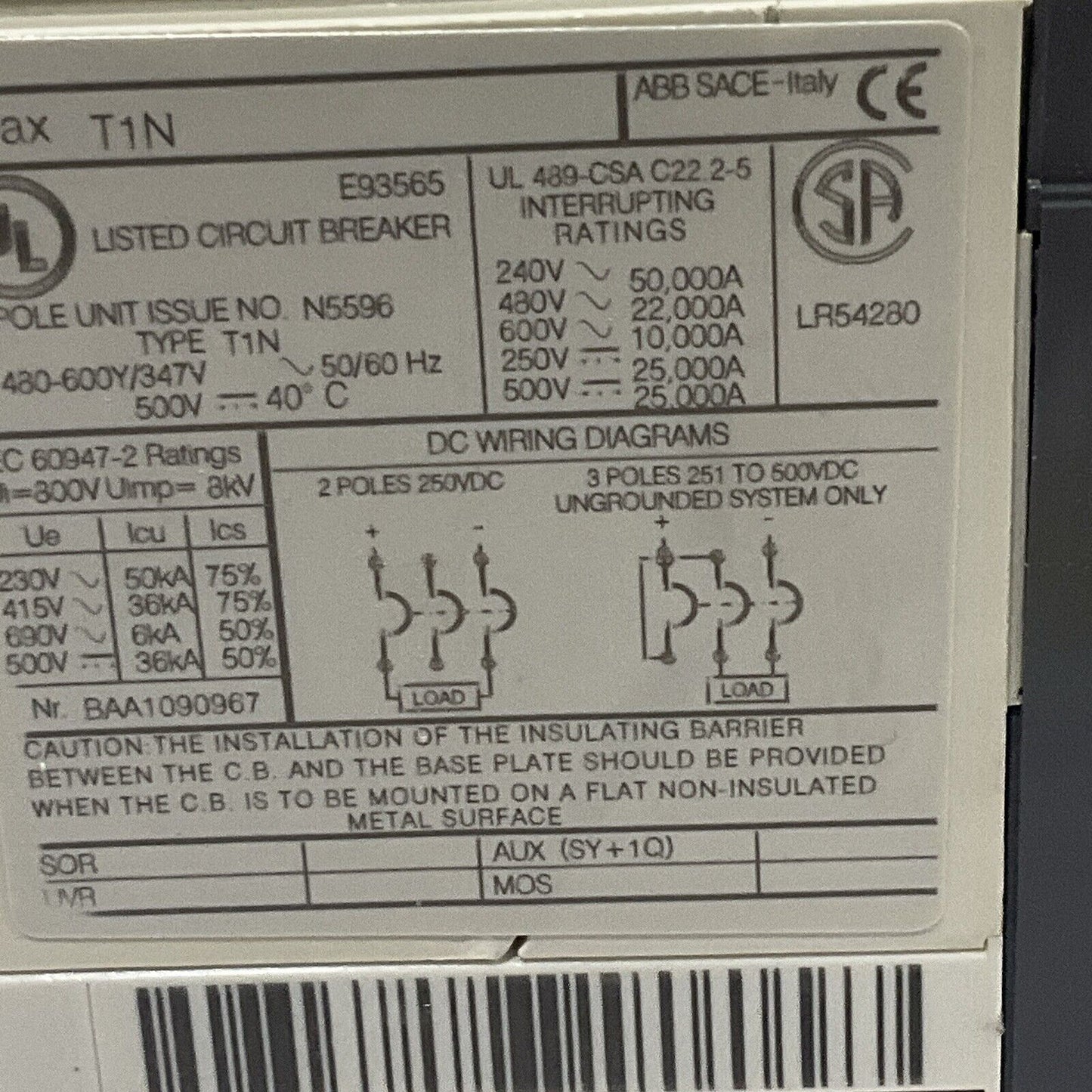 ABB SACE T1N040TL TMAX T1N CIRCUIT BREAKER 40A 3 P 480 VAC TYPE T1N U3S