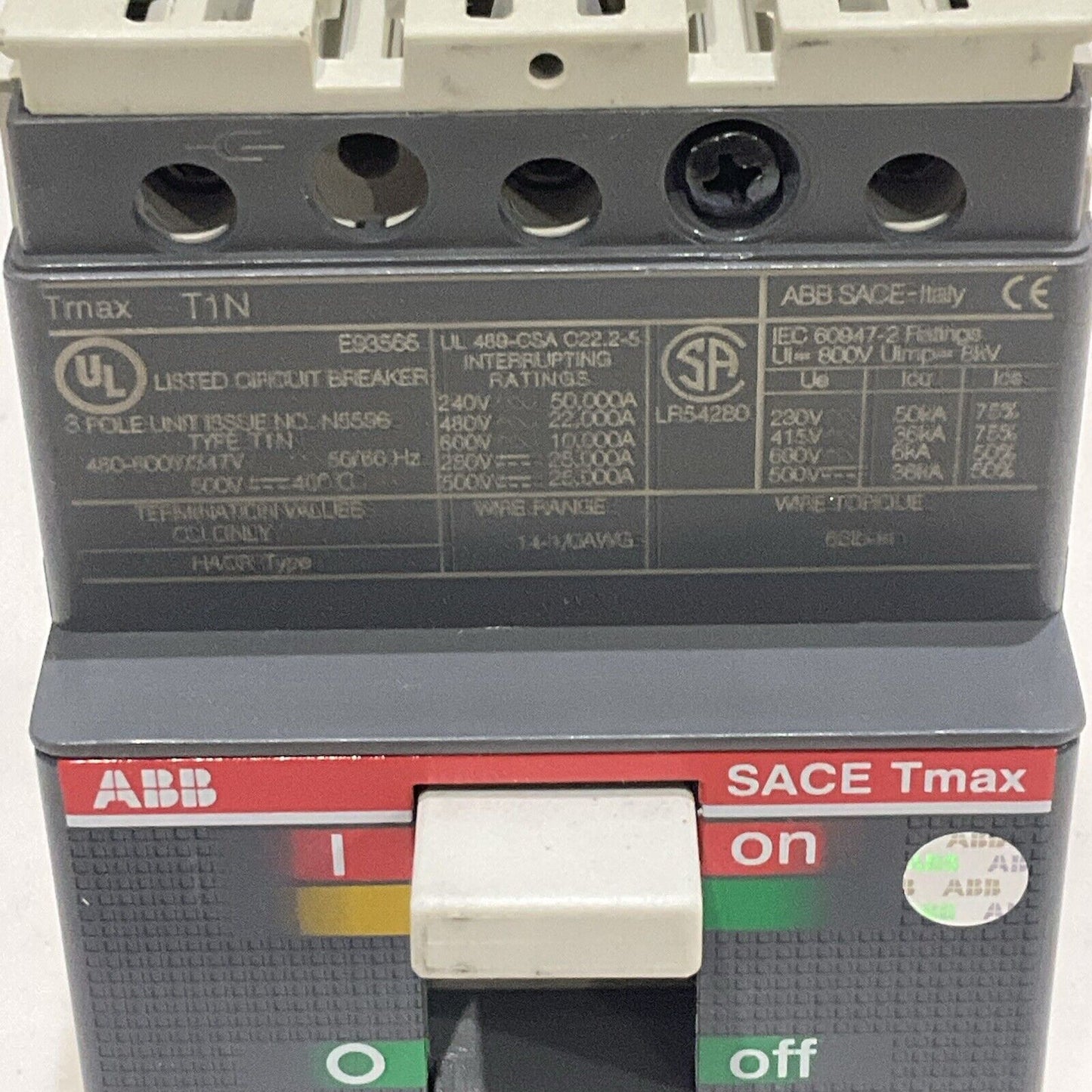 ABB SACE T1N040TL TMAX T1N CIRCUIT BREAKER 40A 3 P 480 VAC TYPE T1N U3S