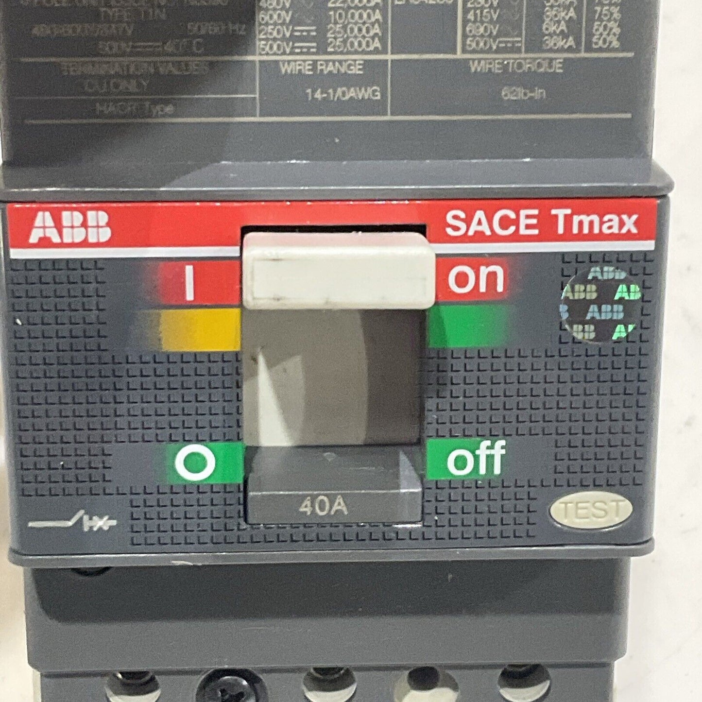 ABB SACE T1N040TL TMAX T1N CIRCUIT BREAKER 40A 3 P 480 VAC TYPE T1N U3S