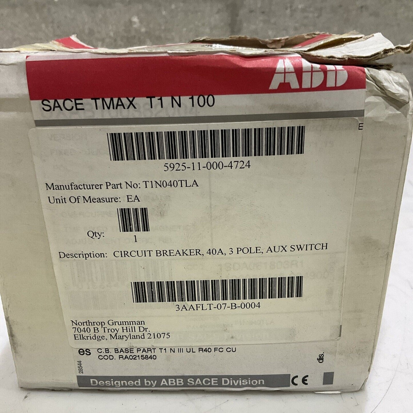 ABB T1N04TLA TMAX T1N CIRCUIT BREAKER 40A 3P 50/60HZ TYPE T1N U3S