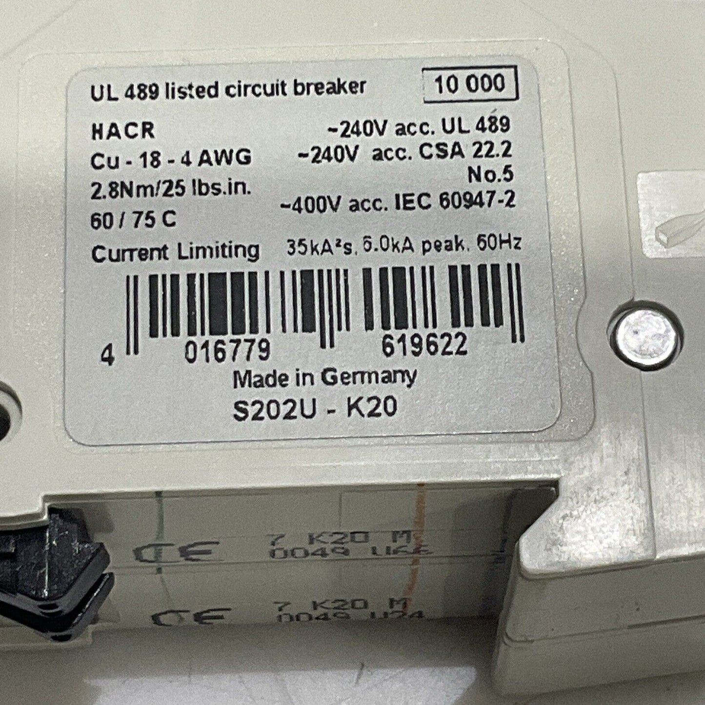 ABB S202U K 60 A CIRCUIT BREAKER 50/60 HZ 2 POLE 240V U3S