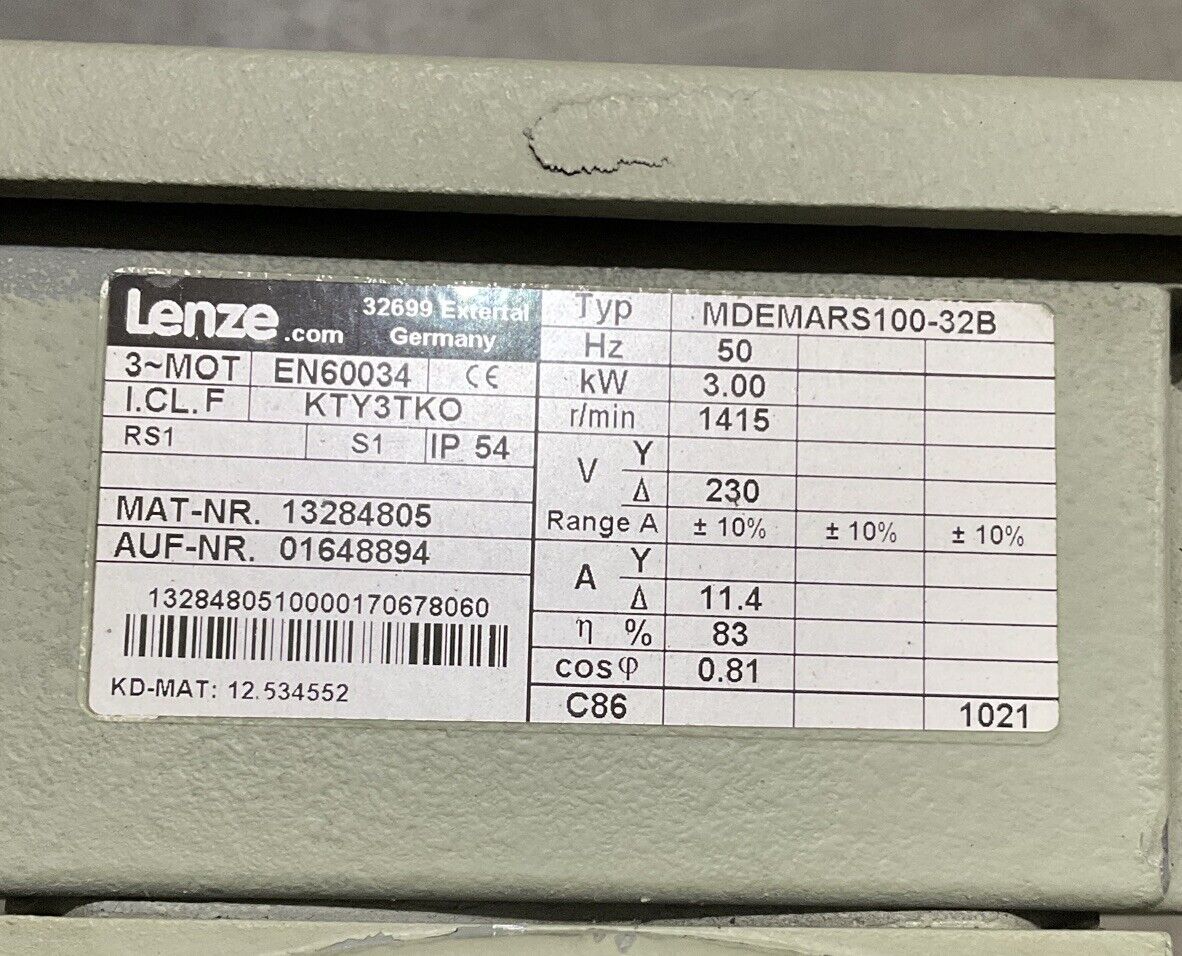 LENZE MDEMARS100-32B DRIVE MOTOR KTY3TKO 3KW 1415RPM 3PH 230V U3S