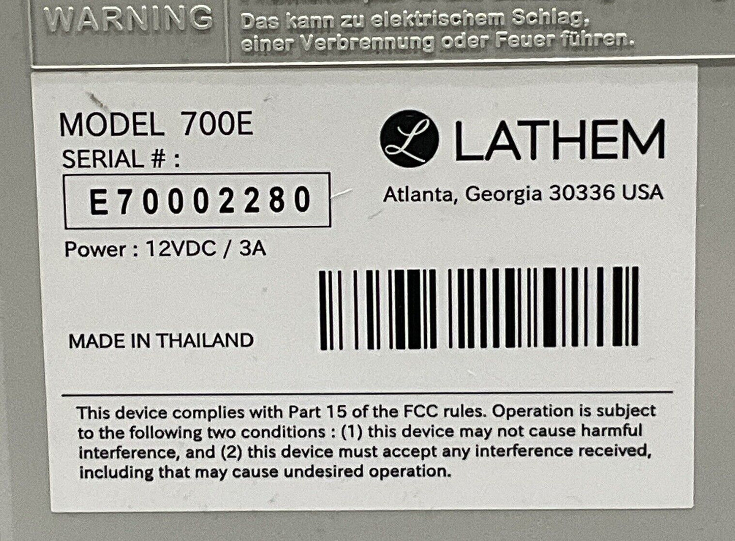 LATHEM 700E CALCULATING ELECTRONIC TIME CLOCK DIGITAL DISPLAY 12VDC/3A U3S