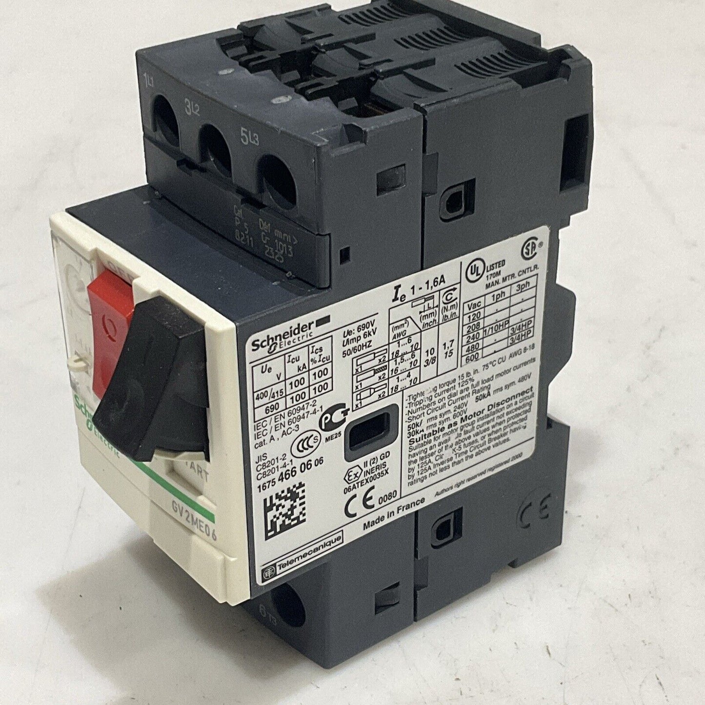 SCHNEIDER ELECTRIC GV2ME06 MOTOR CIRCUIT BREAKER 1-1.6 A 120-600VAC U3S