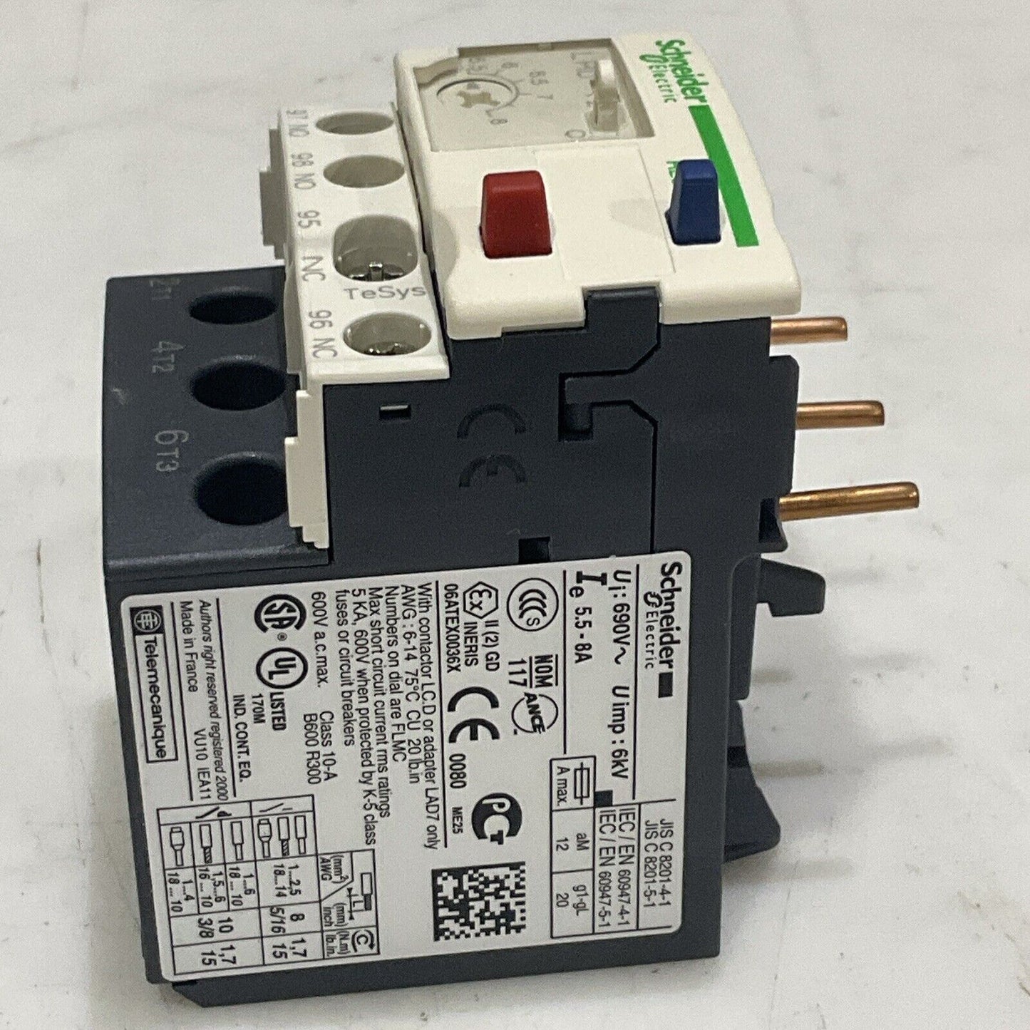 SCHNEIDER ELECTRIC LRD12 TESYS 034680 OVERLOAD RELAY 5.5-8A U3S