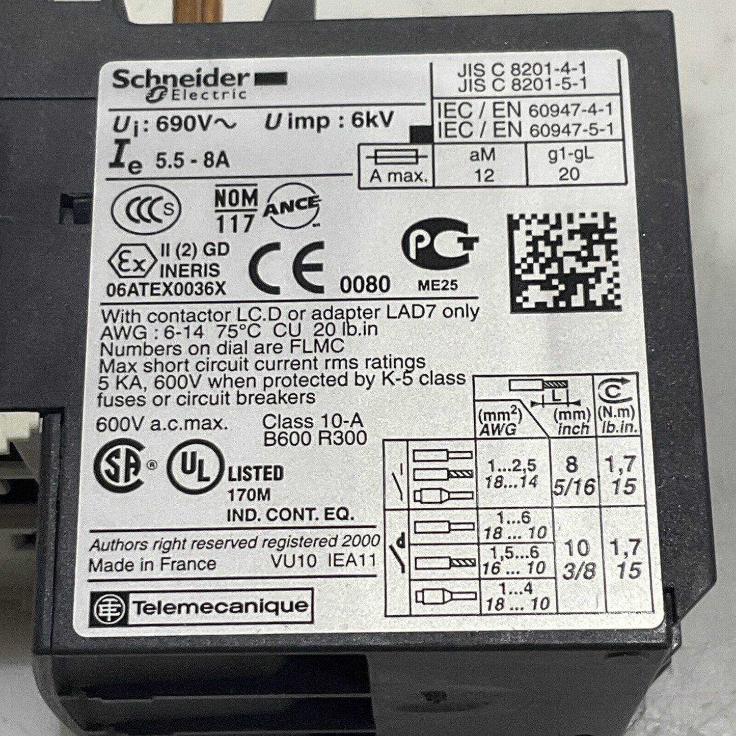 SCHNEIDER ELECTRIC LRD12 TESYS 034680 OVERLOAD RELAY 5.5-8A U3S