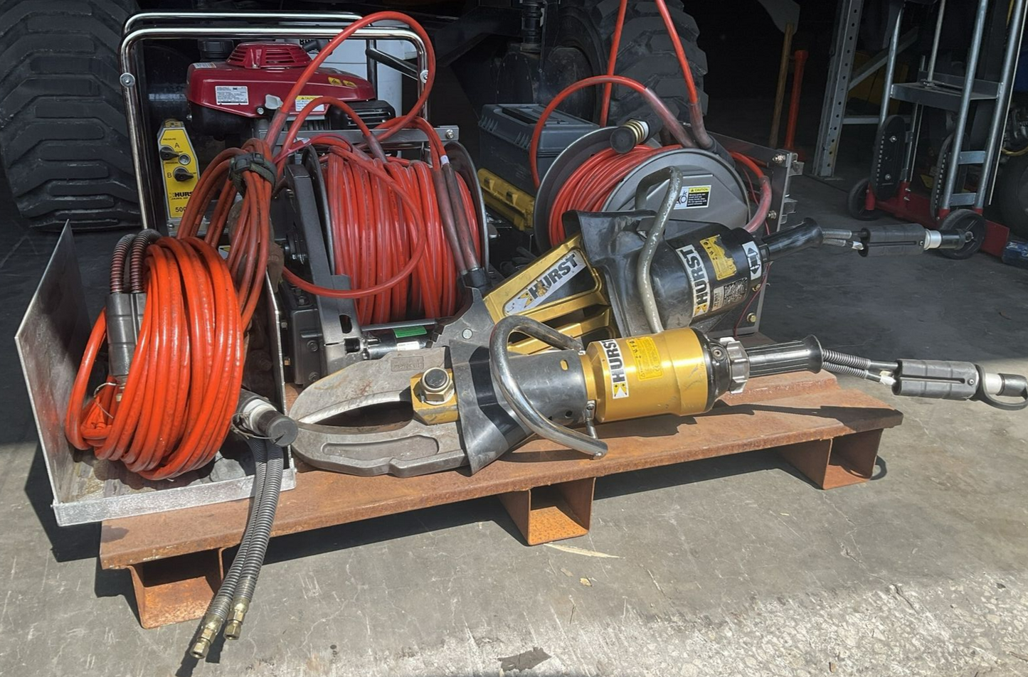 HURST JAWS OF LIFE SYSTEM, SPREADER CUTTER GAS HYDRAULIC PUMP, HOSE REELS, ETC