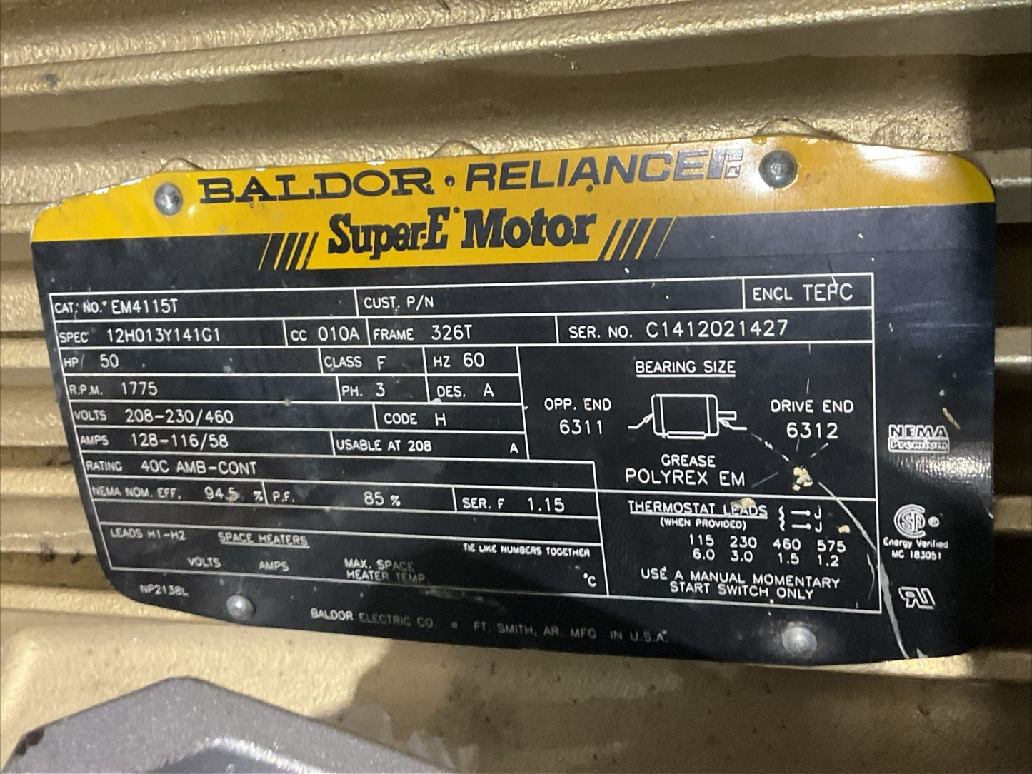 BALDOR RELIANCE EM4115T SUPER E MOTOR 12H013Y14G1 326T 60HZ 1775 RPM U4M