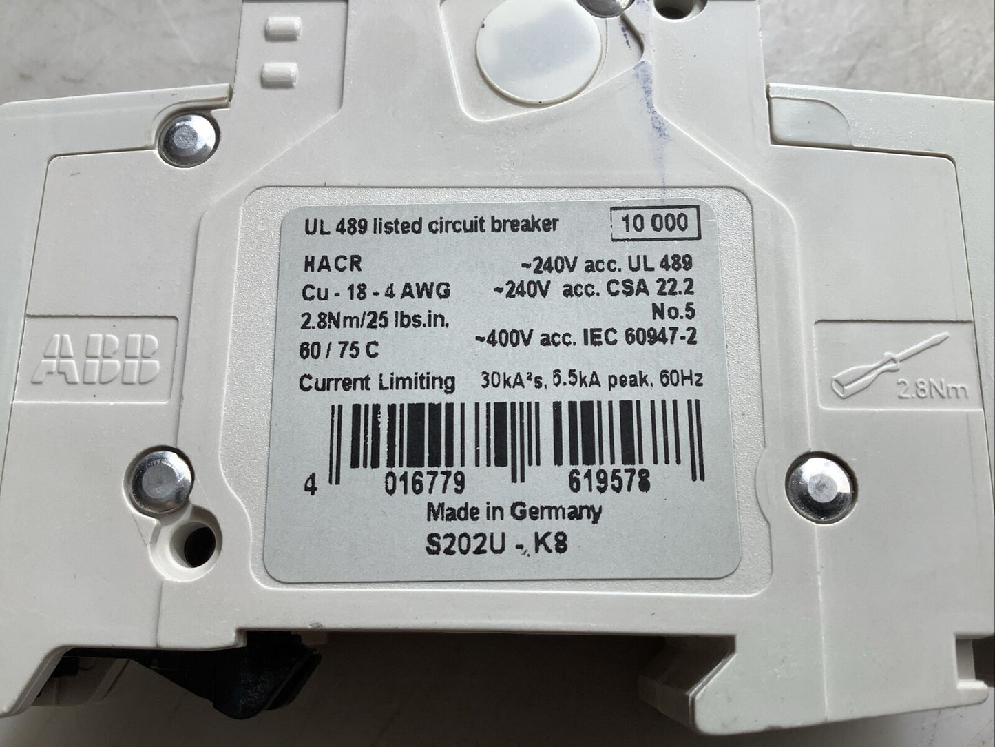 ABB S202U-K8 CIRCUIT BREAKER 2 POLE 8A 240V 50/60HZ U3S