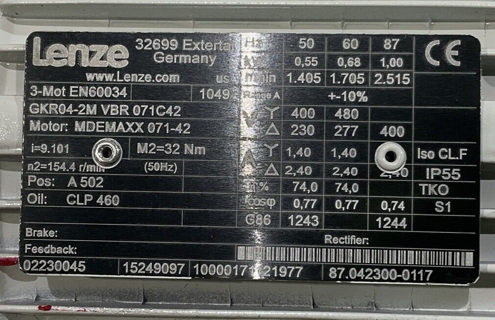 LENZE GKR04-2M VBR 071C42 MDEMAXX 071-42 3 MOT EN60034 GEARBOX MOTOR U3S