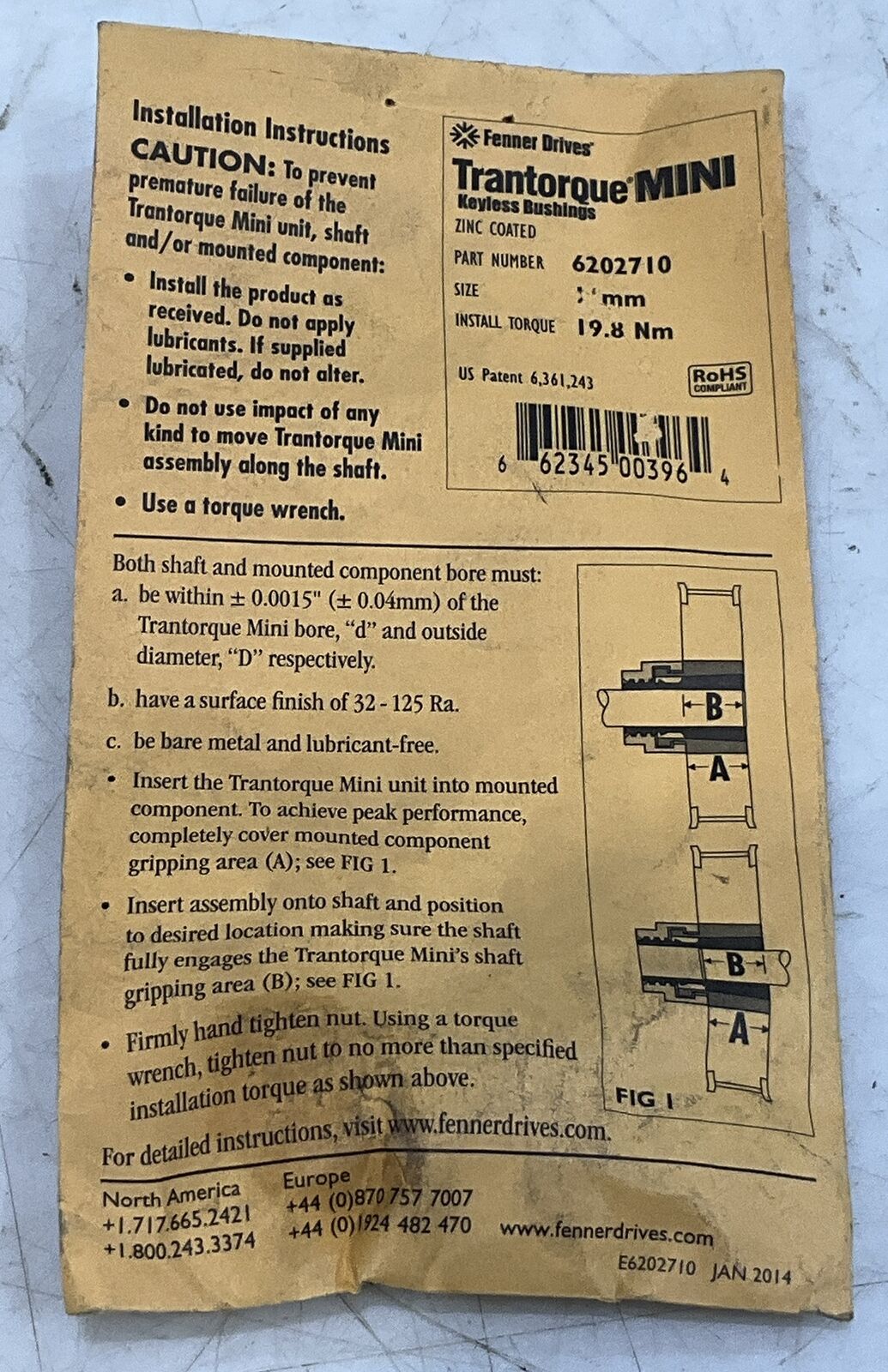 TRANTORQUE FENNER 6202710 KEYLESS BUSHING 11MM NEW BAG U3S