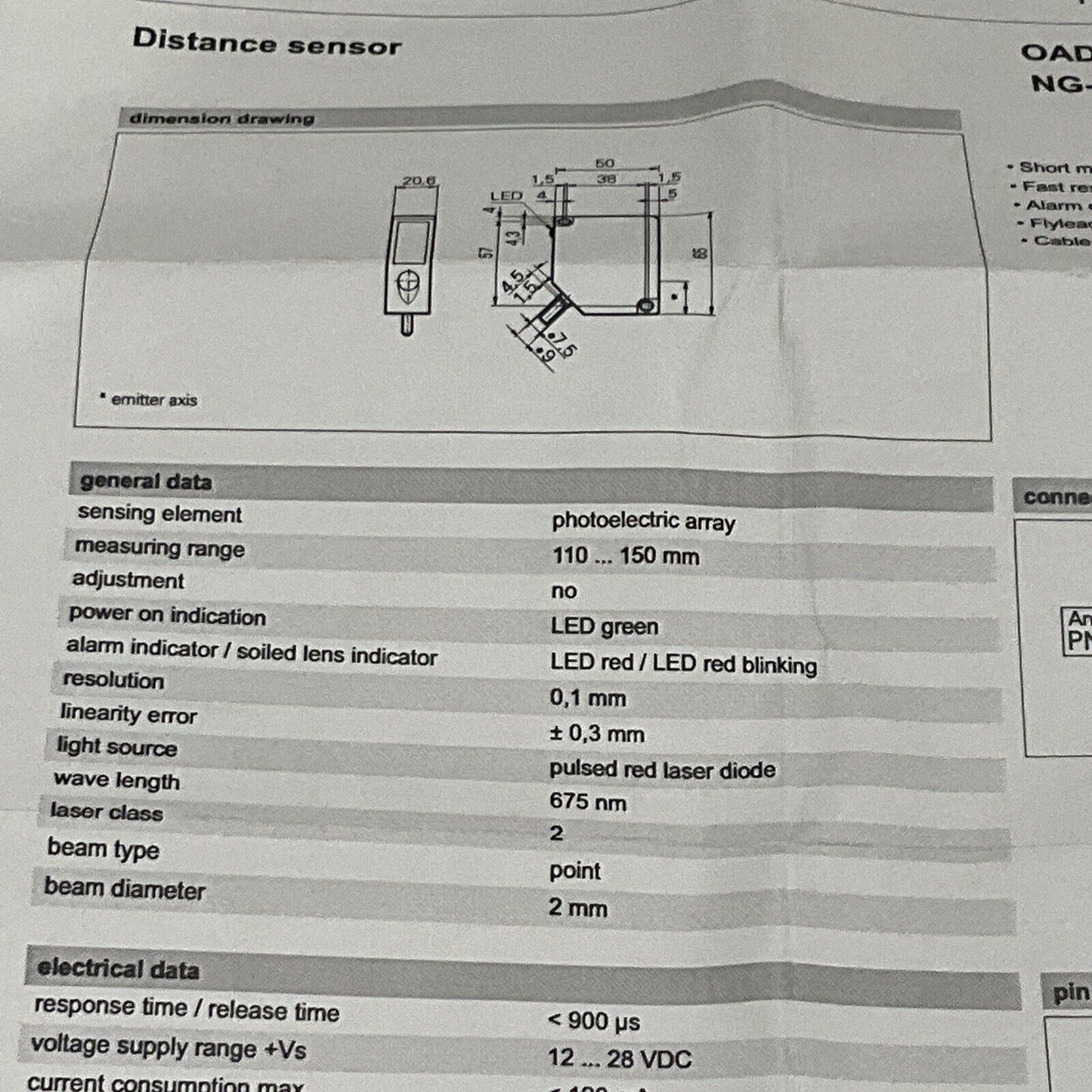 BAUMER OADM 20I44/406009A PHOTOELECTRIC DISTANCE SENSOR LONG 28V RANGE 675NM U3S