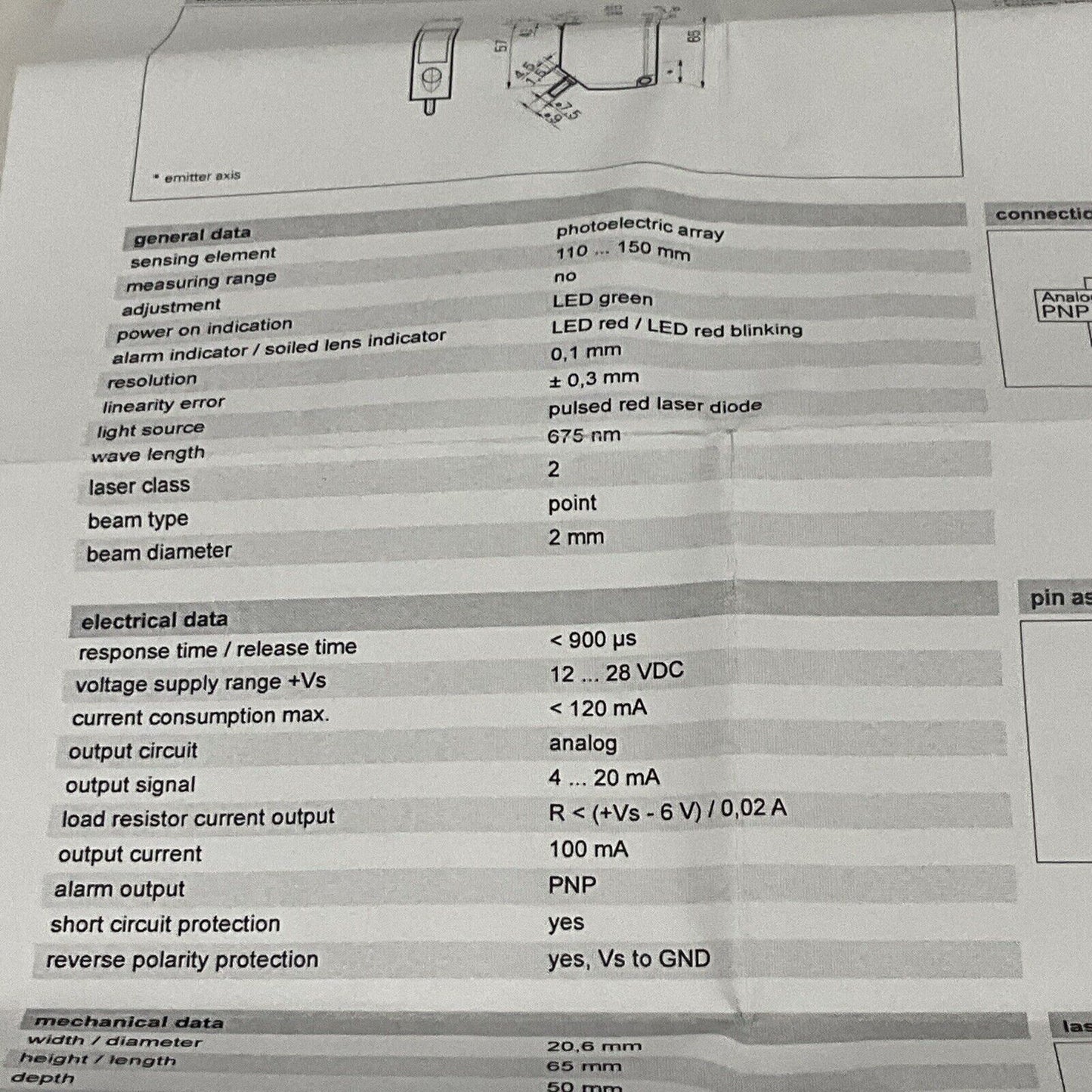 BAUMER OADM 20I44/406009A PHOTOELECTRIC DISTANCE SENSOR LONG 28V RANGE 675NM U3S